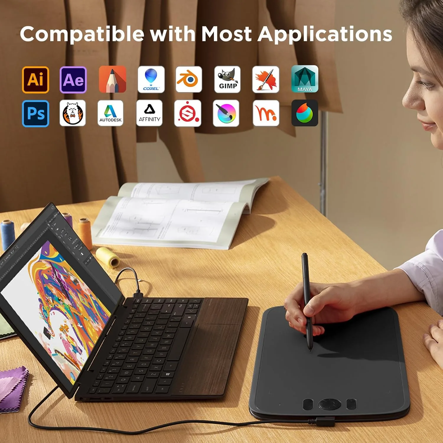 UGEE M808 Graphic Tablet 10 x 6.25 Inches with 8 Shortcut Keys, New Generation Stylus with 16K Levels, Drawing Tablet with USB-C Interface Compatible with Windows/Mac/Android