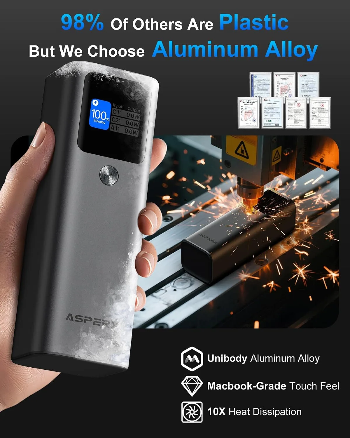 AsperX Laptop Power Bank, 27,600mAh 162.5W PD3.1 Charging Aluminum Unibody