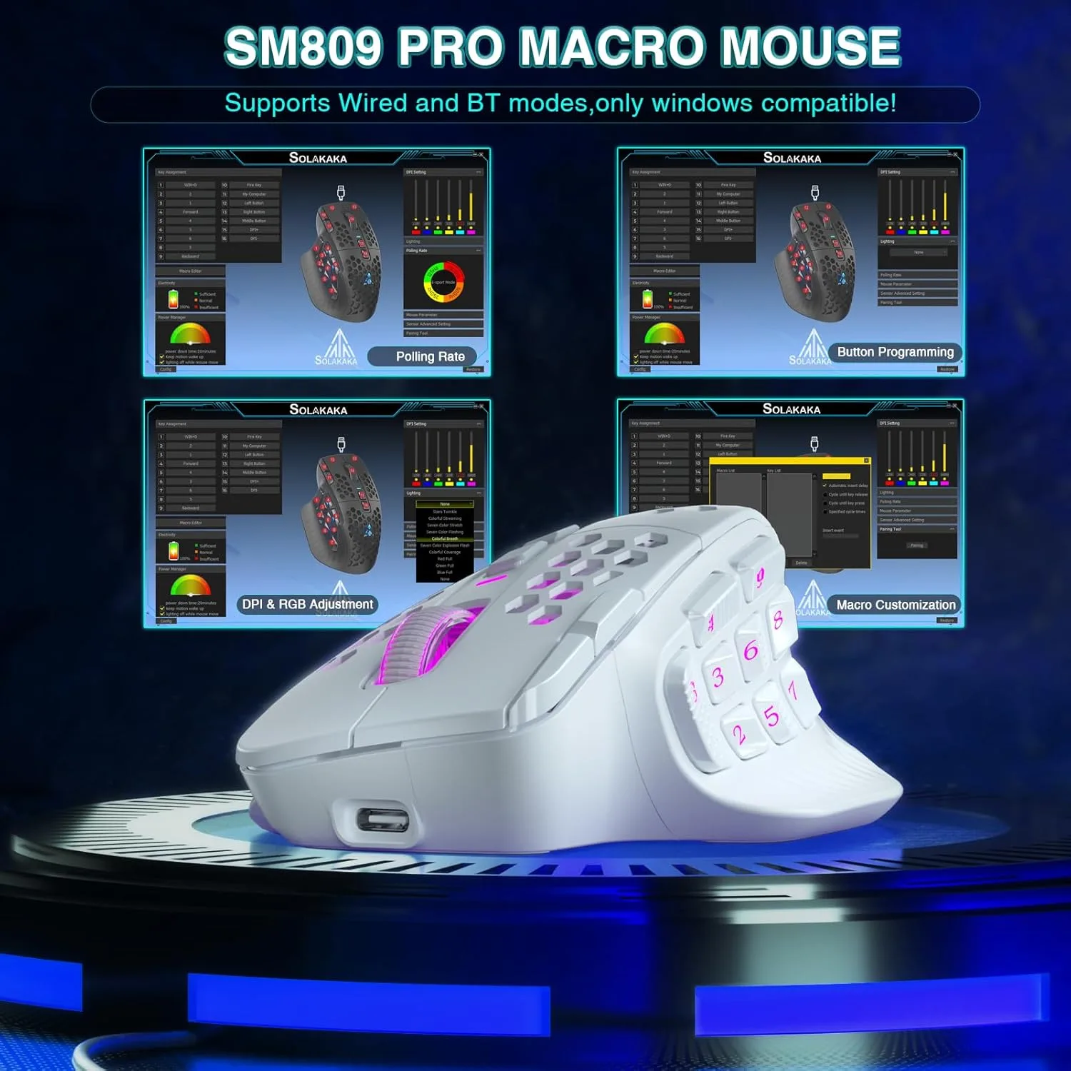SOLAKAKA SM809 Pro Gaming Mouse with 9 Side Buttons,24000 DPI RGB Mouse for Gamer,16 Programmable Macros MMO Mouse