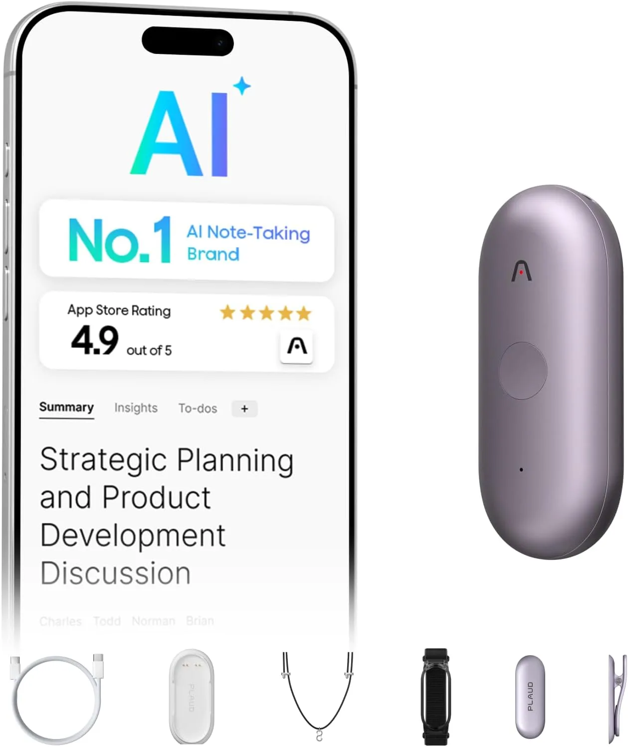 Plaud NotePin S Wearable AI Voice Recorder, Transcribe & Summarize, Purple