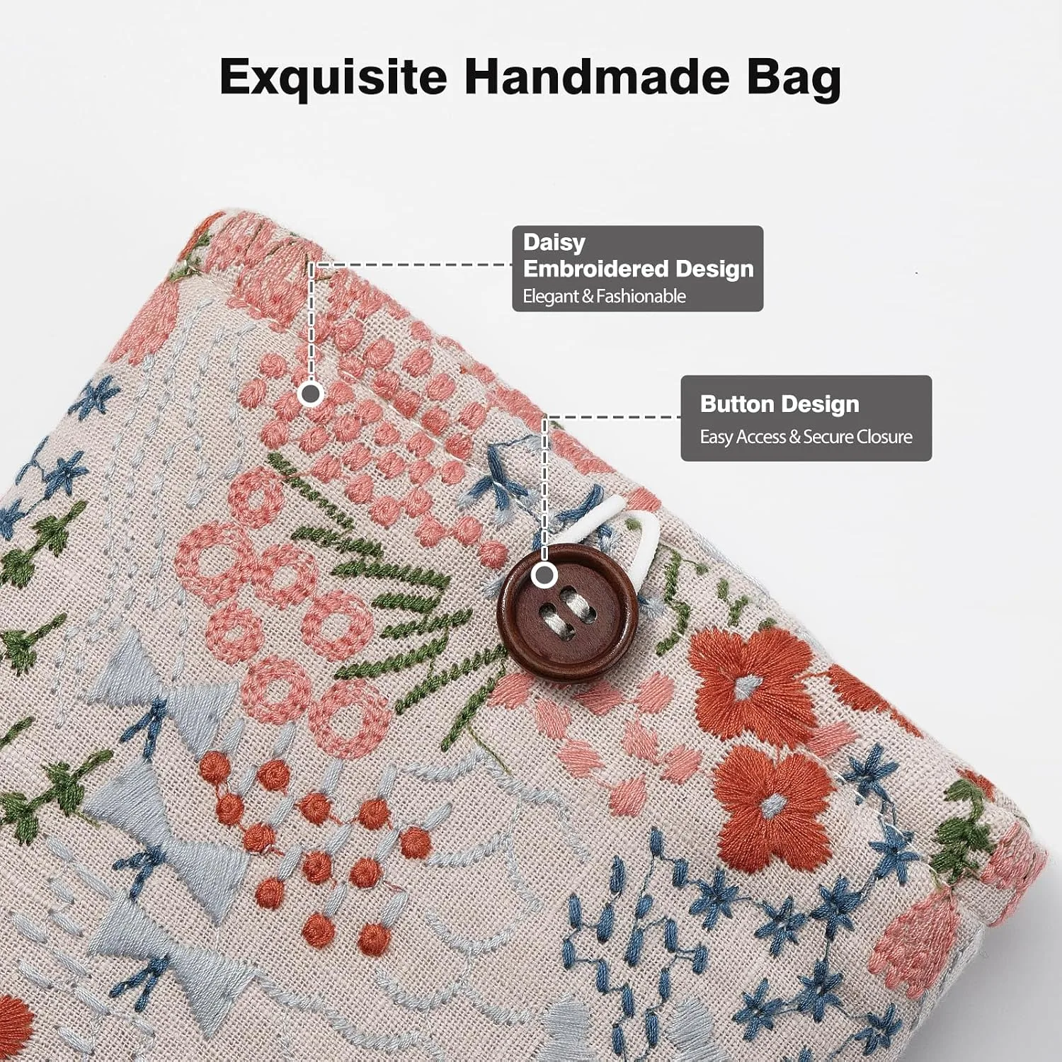 MoKo 6-7 Inch Embroidered Daisy Padded E-Reader Sleeve Zippered Bag with Back Pouch for Most 6/6.8/7 inch E-Reader, 6" Nook Glowligt 4, 6" Kobo Clara BW/Clara Colour, Beige Floral