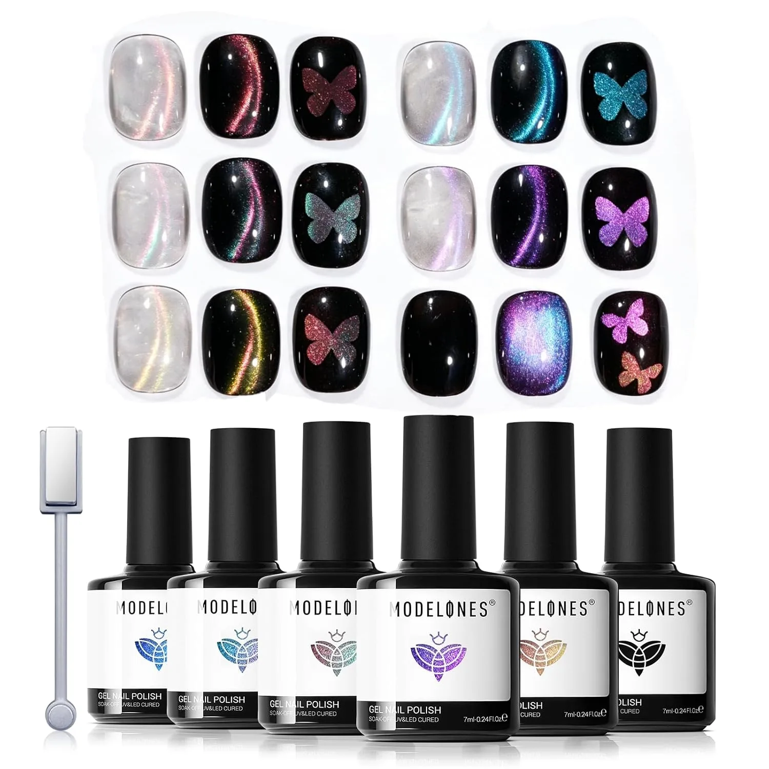 modelones Cat Eye Gel Nail Polish Set Glitter 6Colors Pink Blue Green