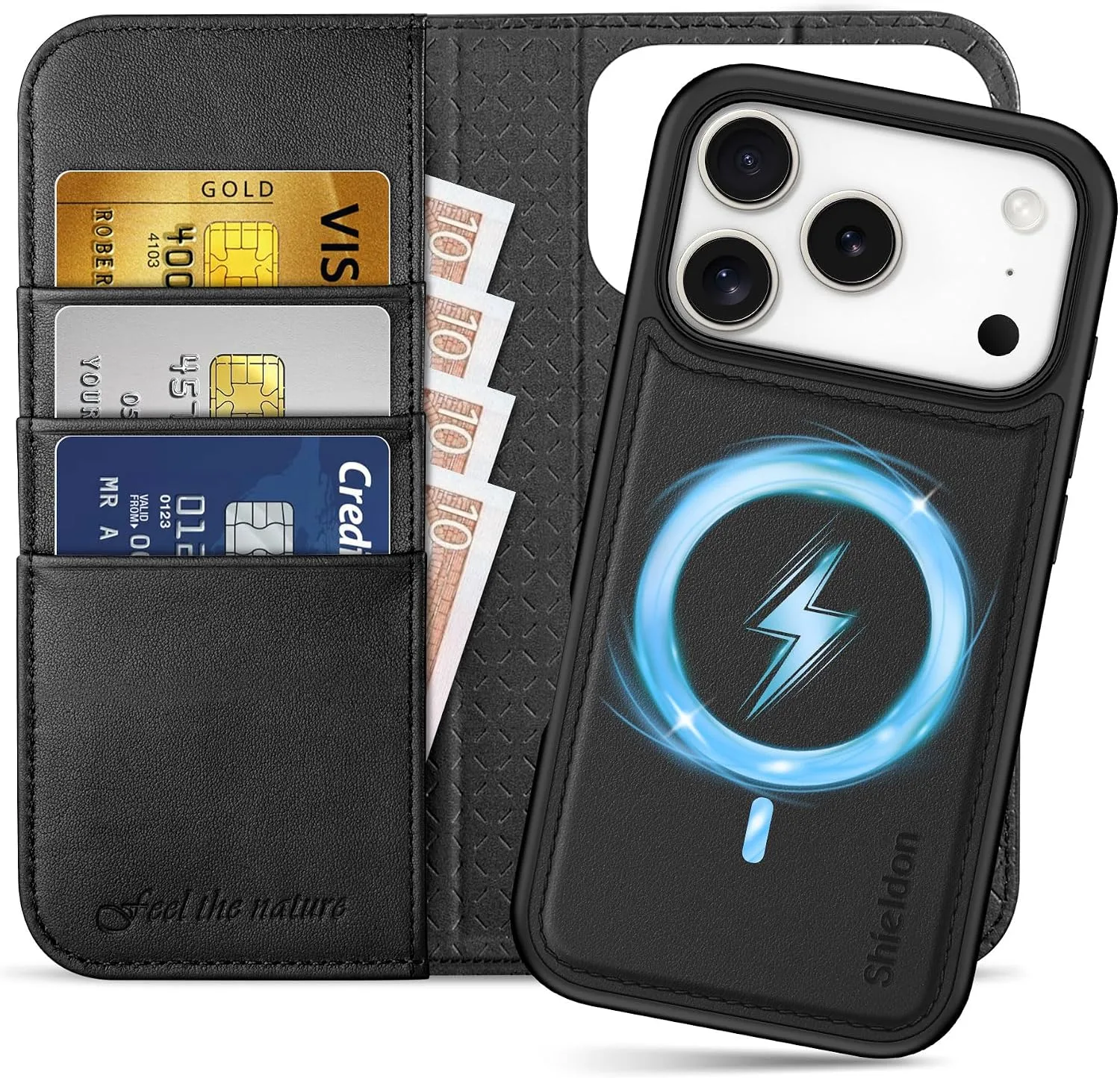SHIELDON 2 in 1 Leather Wallet Case for iPhone 18 Pro/17 Pro 6.3", Black