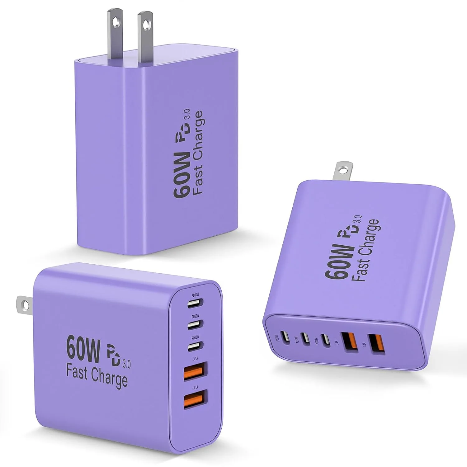3Pack 60W USB C Fast Charging Block,Apple 60W 5Port USBC Wall Charger Block