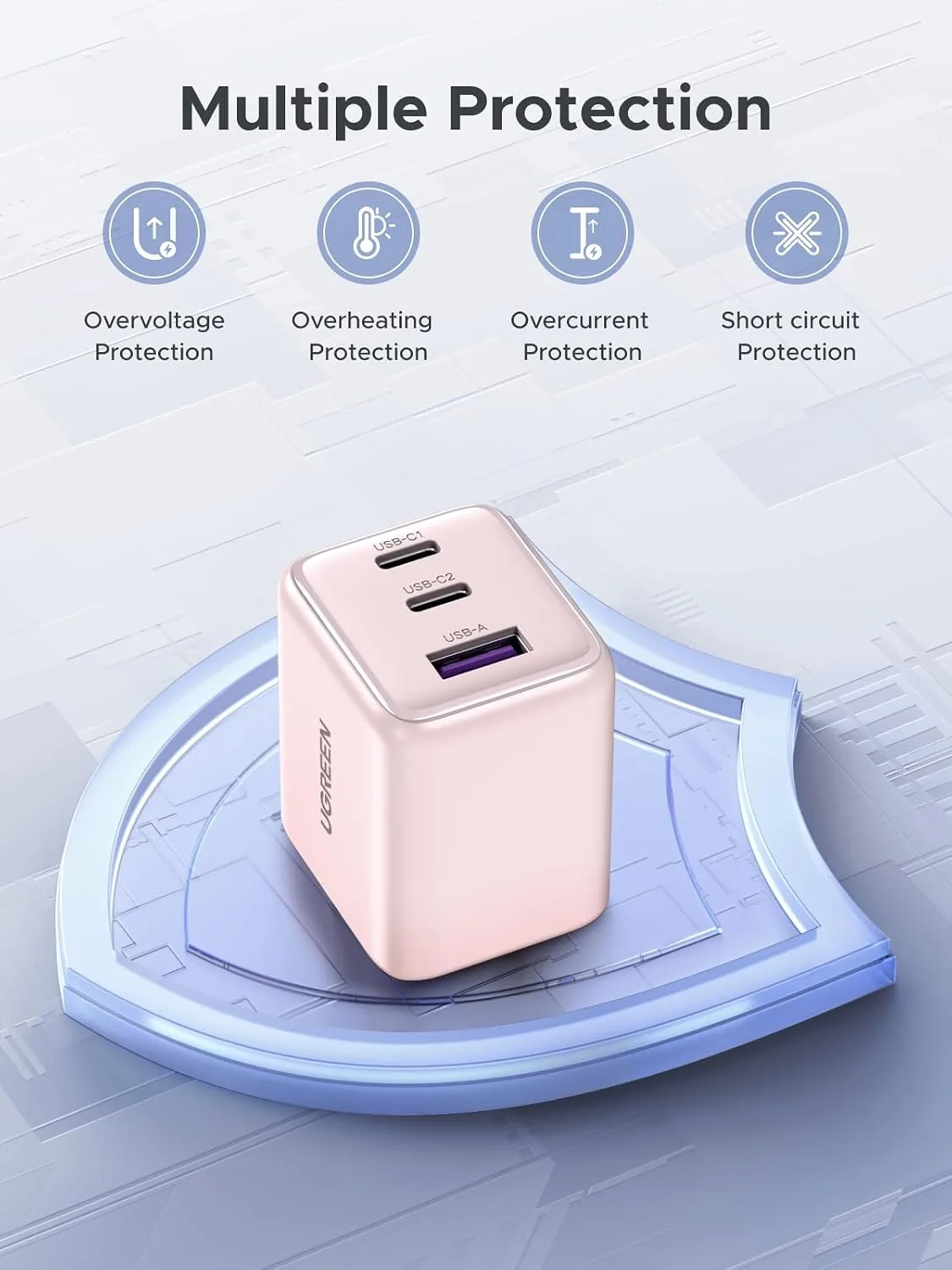 UGREEN 3-Port 30W USB C Charger Block, GaN II Type C Fast Charging, Pink