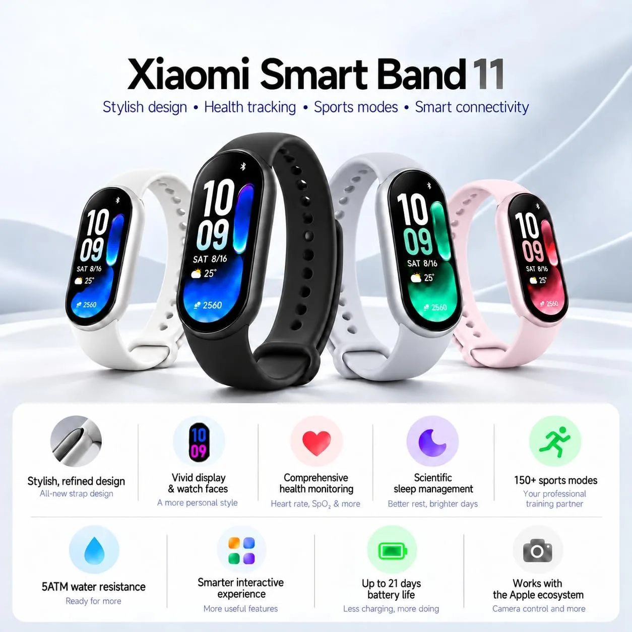 Xiaomi Smart Band 11 (2026) Fitness Tracker Black, 1.72" AMOLED Screen, 5ATM Waterproof, Heart Rate & SpO2Monitor, Sleep HRV, 150+ Sports Modes, 21-Day Battery, Android & iOS Compatible