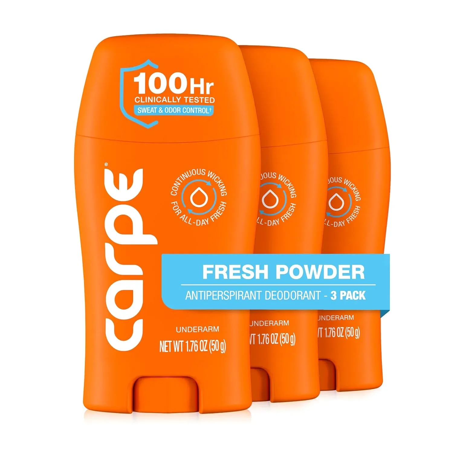 Carpe 100-Hour Deodorant for Men & Women, Fresh Powder - 3 Pack