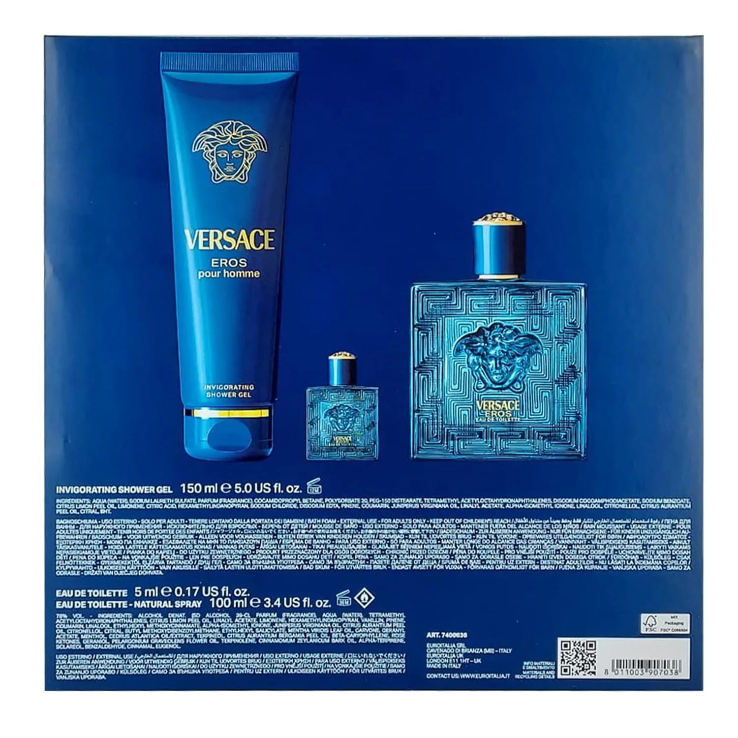 Versace Eros 3- Piece Gift Set for Men, (3.4 Oz Eau De Toilette Spray + 5.0 Oz Shower Gel + 0.16oz/5 Ml Eau De Toilette Spray)