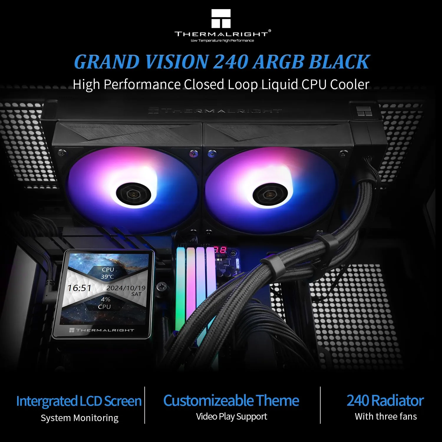 Thermalrlght Grand Vision 240 ARGB Black CPU Water Cooler,Double PWM Fans Water Cooling System,IPS LCD Screen with 480x480 Resolution,for AM4/AM5,Intel LGA1700/1851,CPU Liquid Cooler,3.4-inch Display