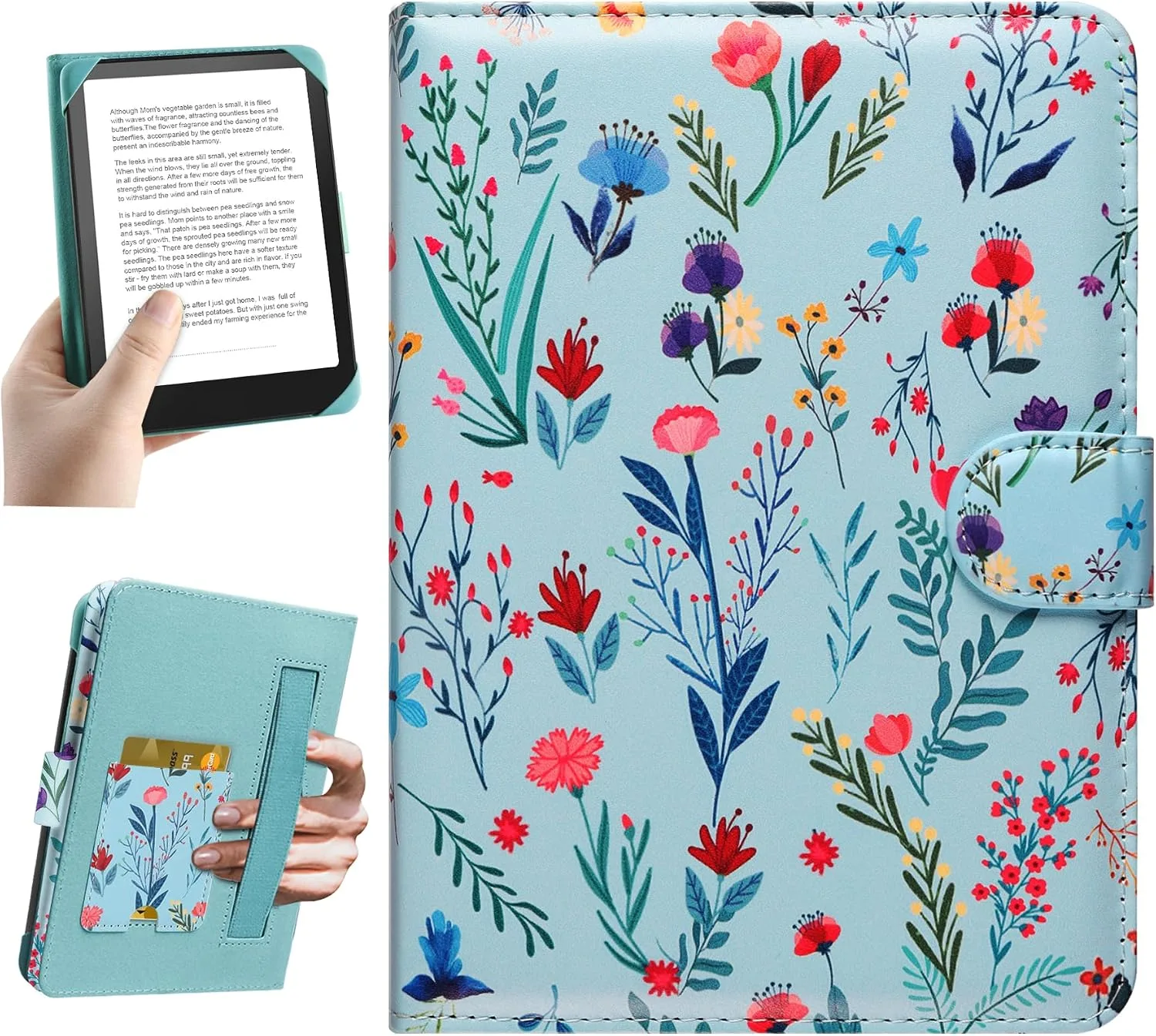 HoYiXi Universal Case for 6-inch Kindle eReader Compatible with Kobo/Voyaga/Pocketbook/Tolino E-Book Reader,6'' eReader Protective Cover with Built-in Card Slot,Flower
