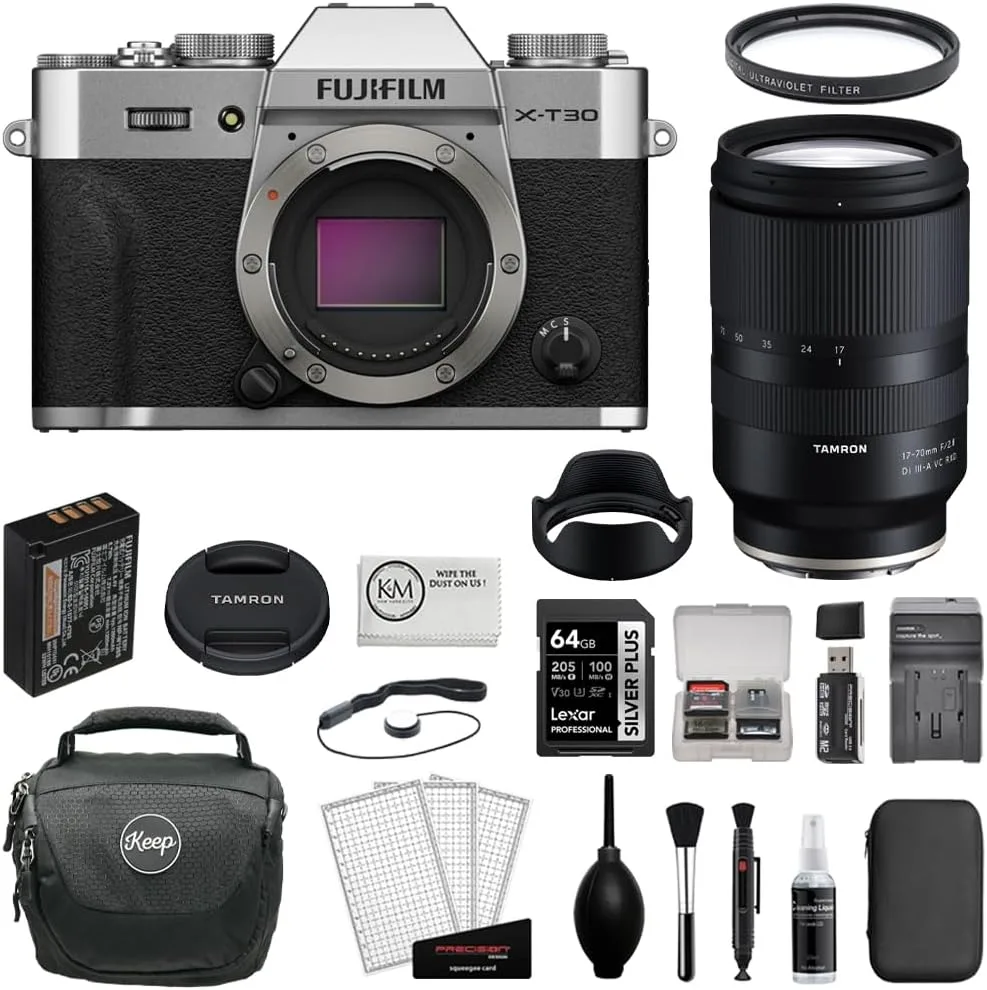 FUJIFILM X-T30 III Mirrorless Digital Camera (Silver) Bundle with Tamron 17-70mm f/2.8 Di III-A VC RXD Lens + 64GB Card + Card Reader + UV Filter + Charger + Camera Bag + Cleaning Kit (12 Items)
