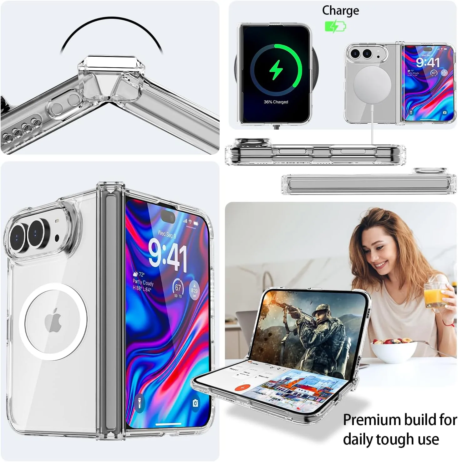 AICase for iPhone Duo Case Clear Fold,Hinge Protection Compatible MagSafe