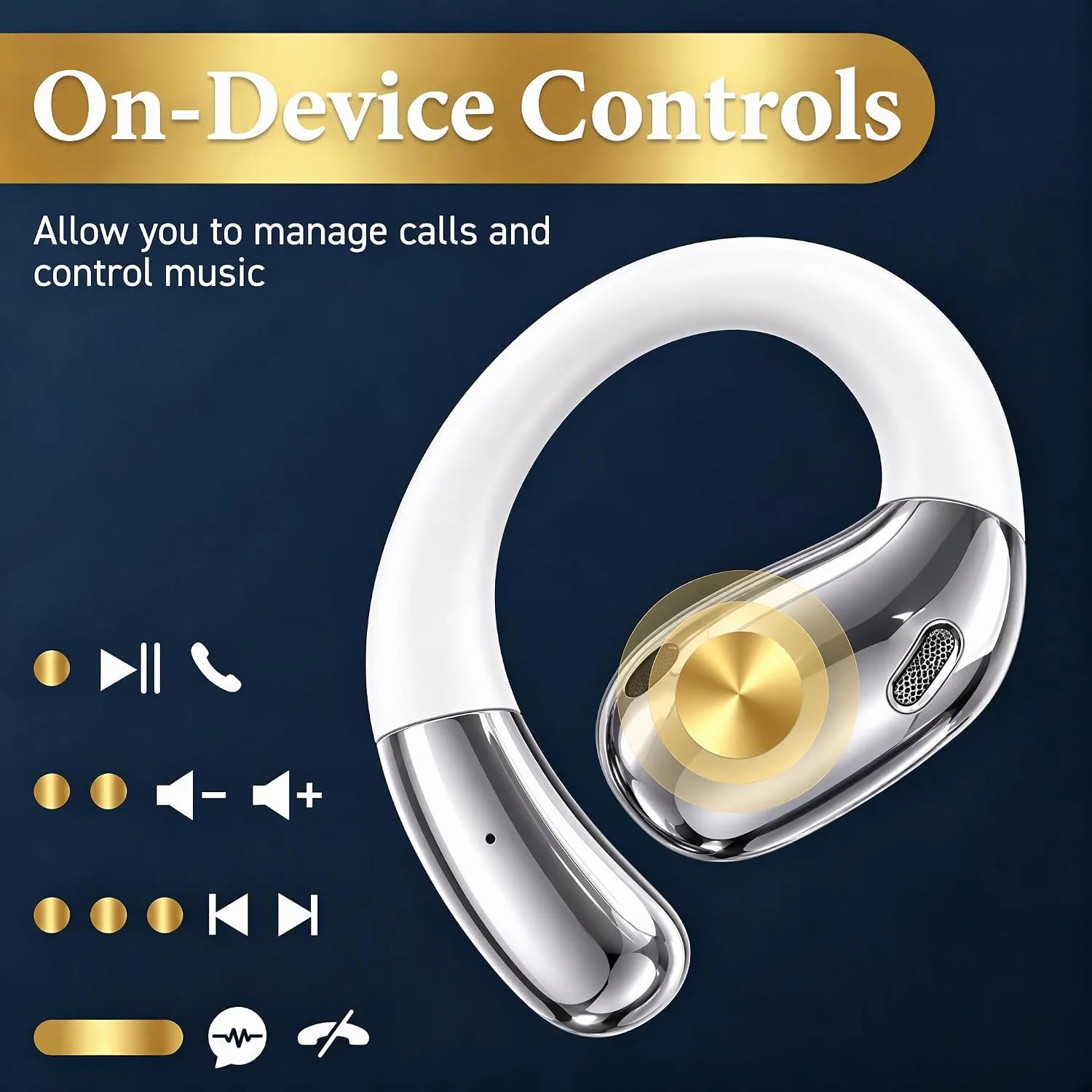 Open Ear Headphones, Wireless Headphones with Waterproof & Mic（White）