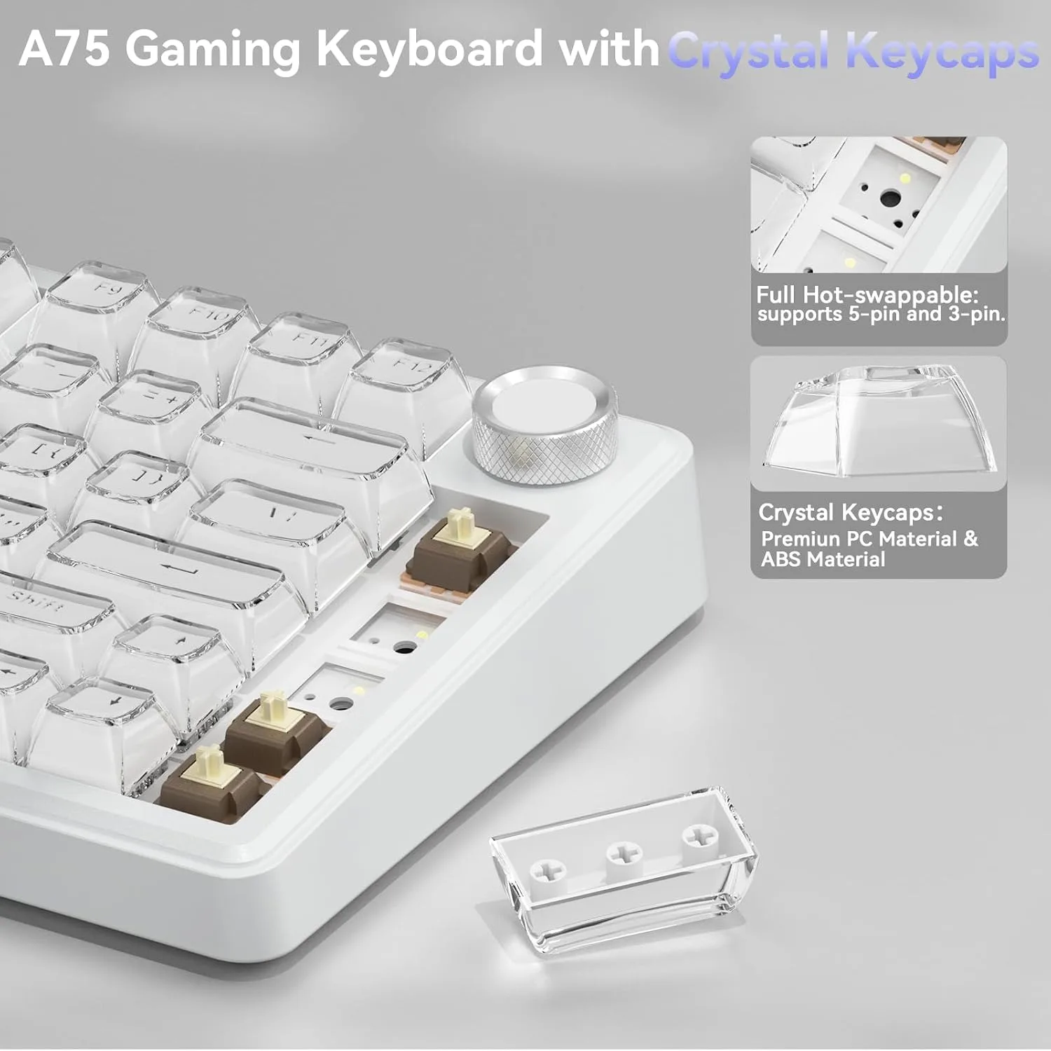 SOLAKAKA A75 Wireless Gaming Keyboard with Multifunction Knob, BT5.0/2.4GHz/USB-C, 75% Mechanical Keyboard, Hot-Swappable, Gasket Creamy Keyboard with RGB Backlit, Crystal Keycaps, for PC/Mac