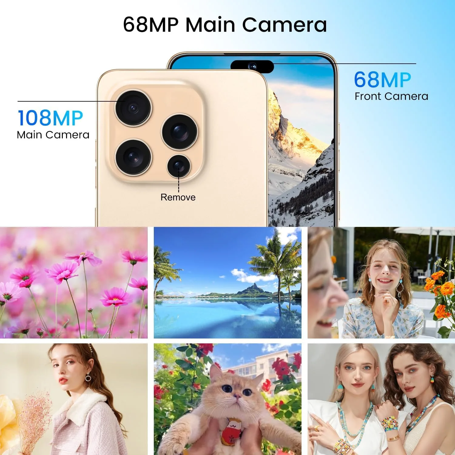 Huness I16 PM 16+1TB Smartphone Unlocked Cell Phone,6.99" HD Screen Unlocked Phones,Battery 7000mAh Android 14,Face ID/Fingerprint Button unlock/Photos/5G/Dual SIM/GPS (Gold)