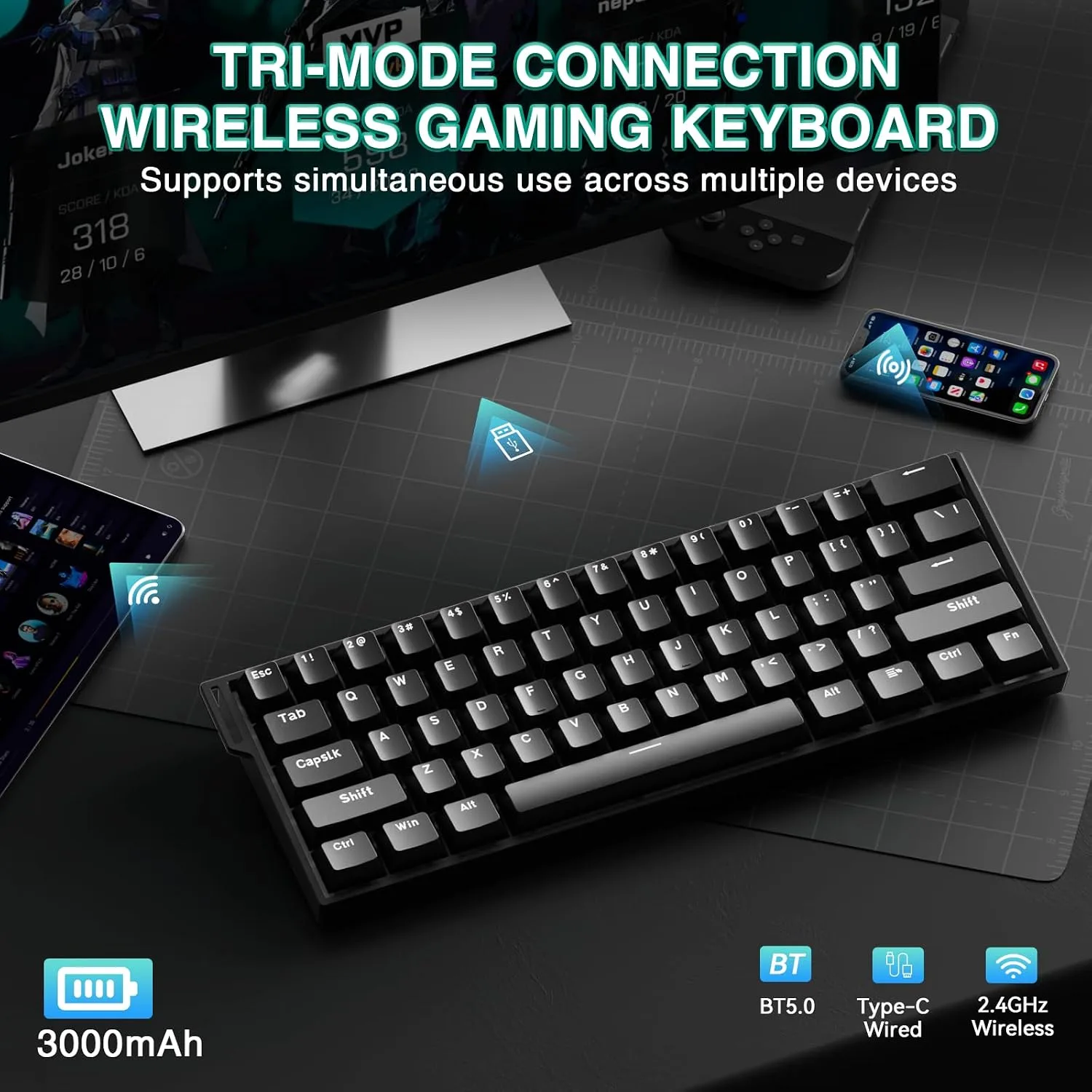 Aula MINI60 HE Wireless Gaming Keyboard 60%,Hall Effect Rapid Trigger Magnetic Keyboard,8000Hz Polling,Tri-Mode(BT5.0/2.4GHz/USB-C),Hot Swappable Compact Mechanical Keyboard for Gamer(Black)