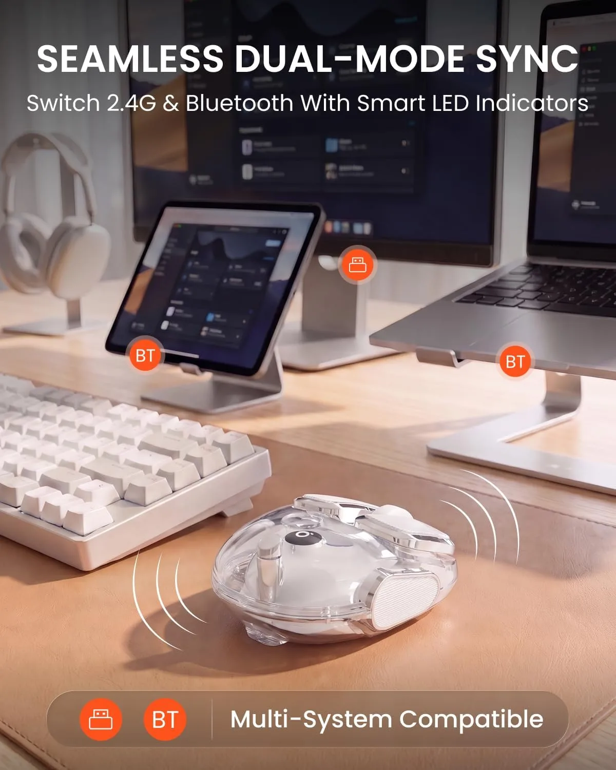 Wireless Bluetooth Mouse, Rechargeable, Clear, Silent Click for Small Hand