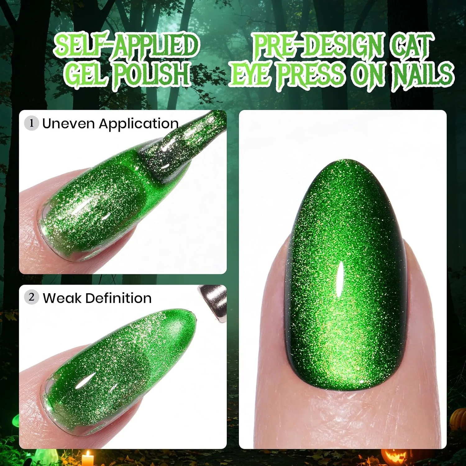 Beetles Halloween Press On Nails, Green Cat Eye Short Almond, 32 Pieces