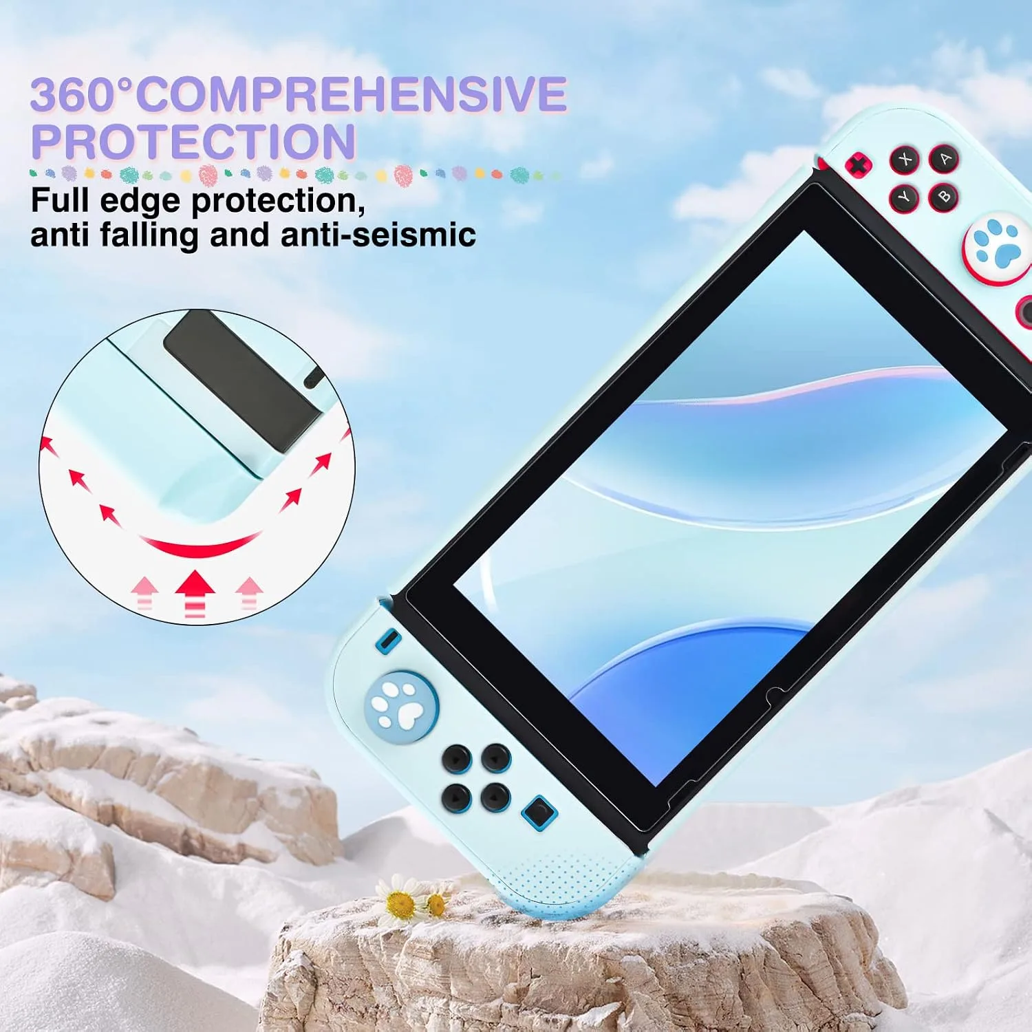 DLseego Blue Switch Case Set Carrying Case with 10 Slots Babyblue Protective Dockable Hard Shell with 4PCS Cute Cat Paw Thumb Grips Caps and 1PC Green Flower Blossom Chain for Switch 2017 Version