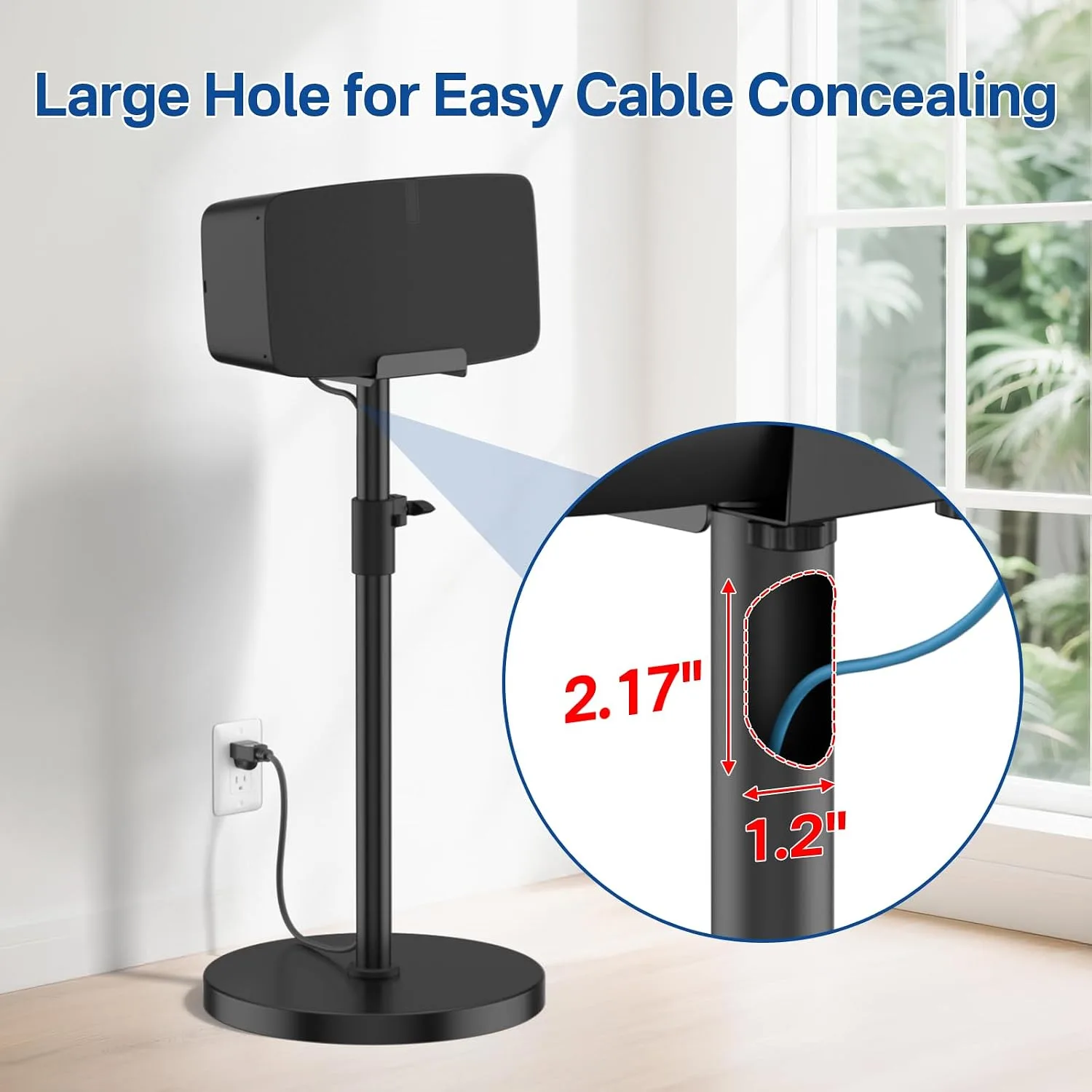 Height Adjustable Floor Speaker Stand for Sonos Five & Play:5, Vertical or Horizontal Placement, Metal Sonos 5 Speaker Stand with Cable Management (Black, 1 Pack)