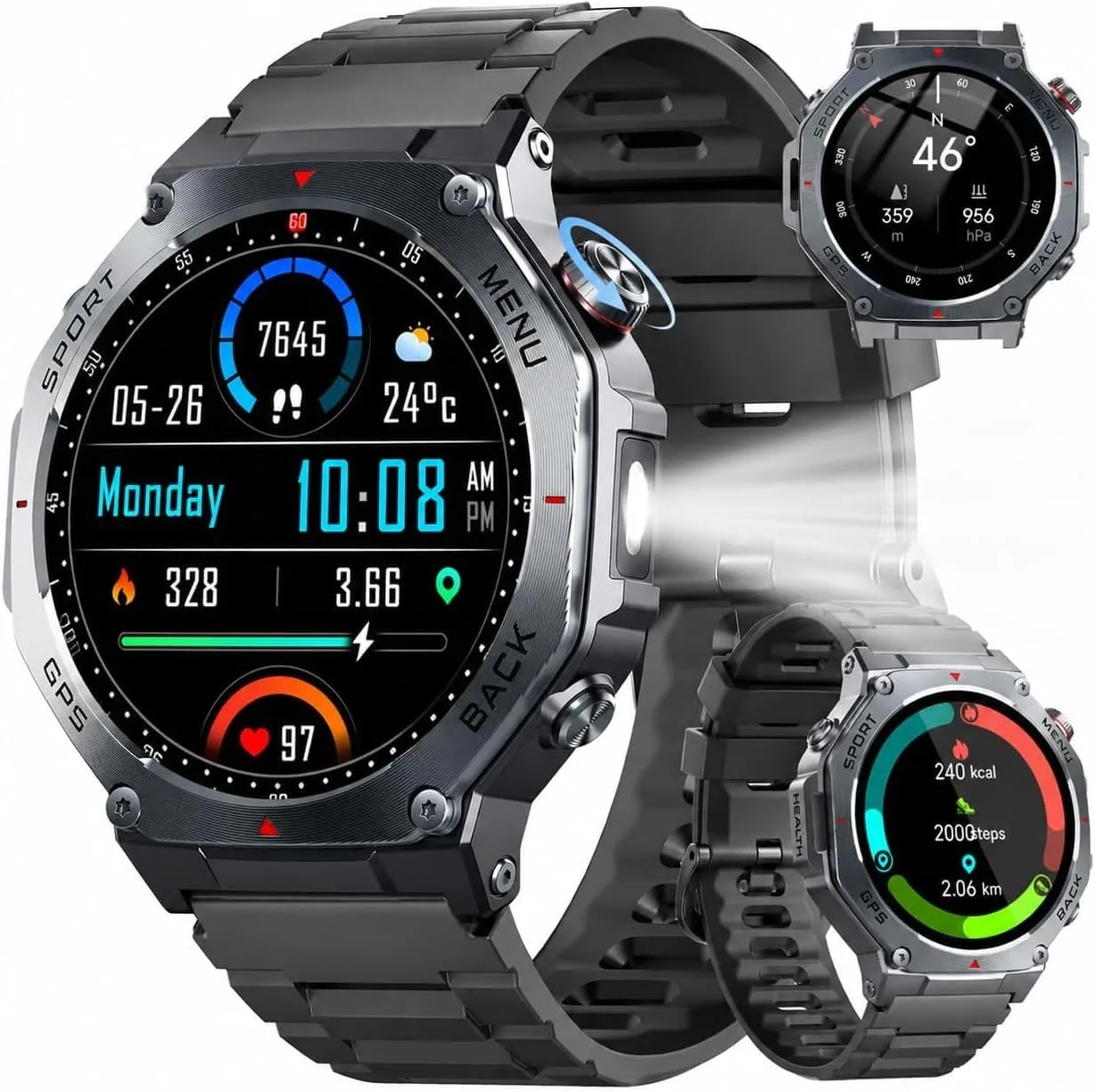 Jugeman Military Smart Watch for Men Built-in GPS with LED Flashlight-Black