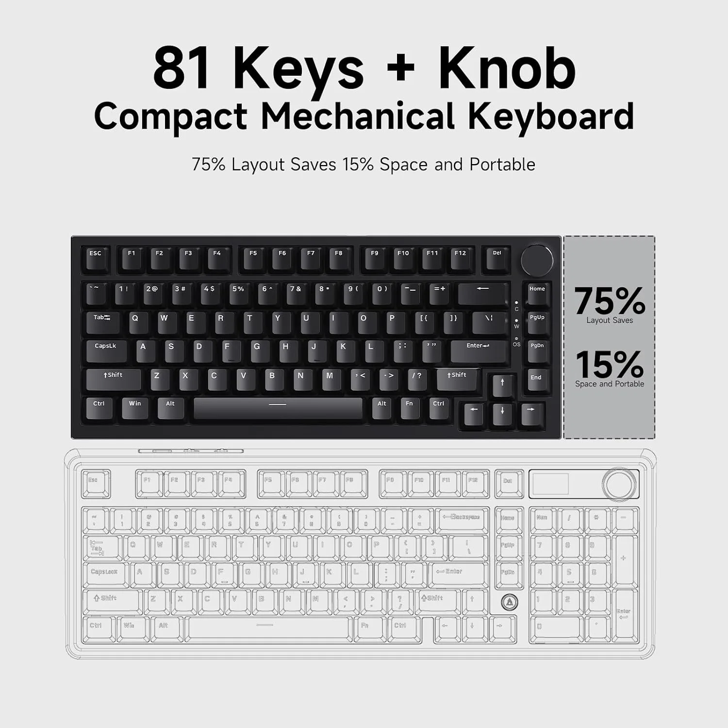 Ajazz AK820 75% Mechanical Gaming Keyboard, Wired Gasket Mount Hot-Swappable Keyboard with Volume Knob, 5-Layer Sound Dampening, PBT Keycaps, 82 Keys, Black
