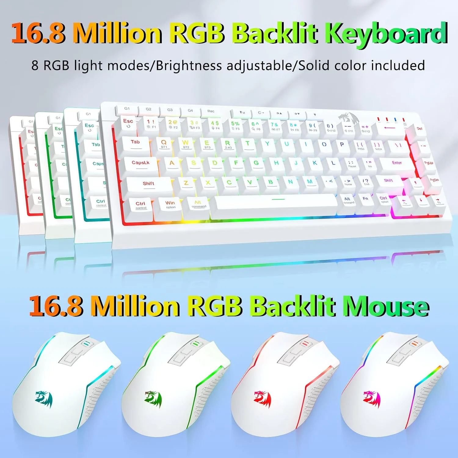 Redragon Wireless Gaming Keyboard and Mouse Combo 60% Portable, White