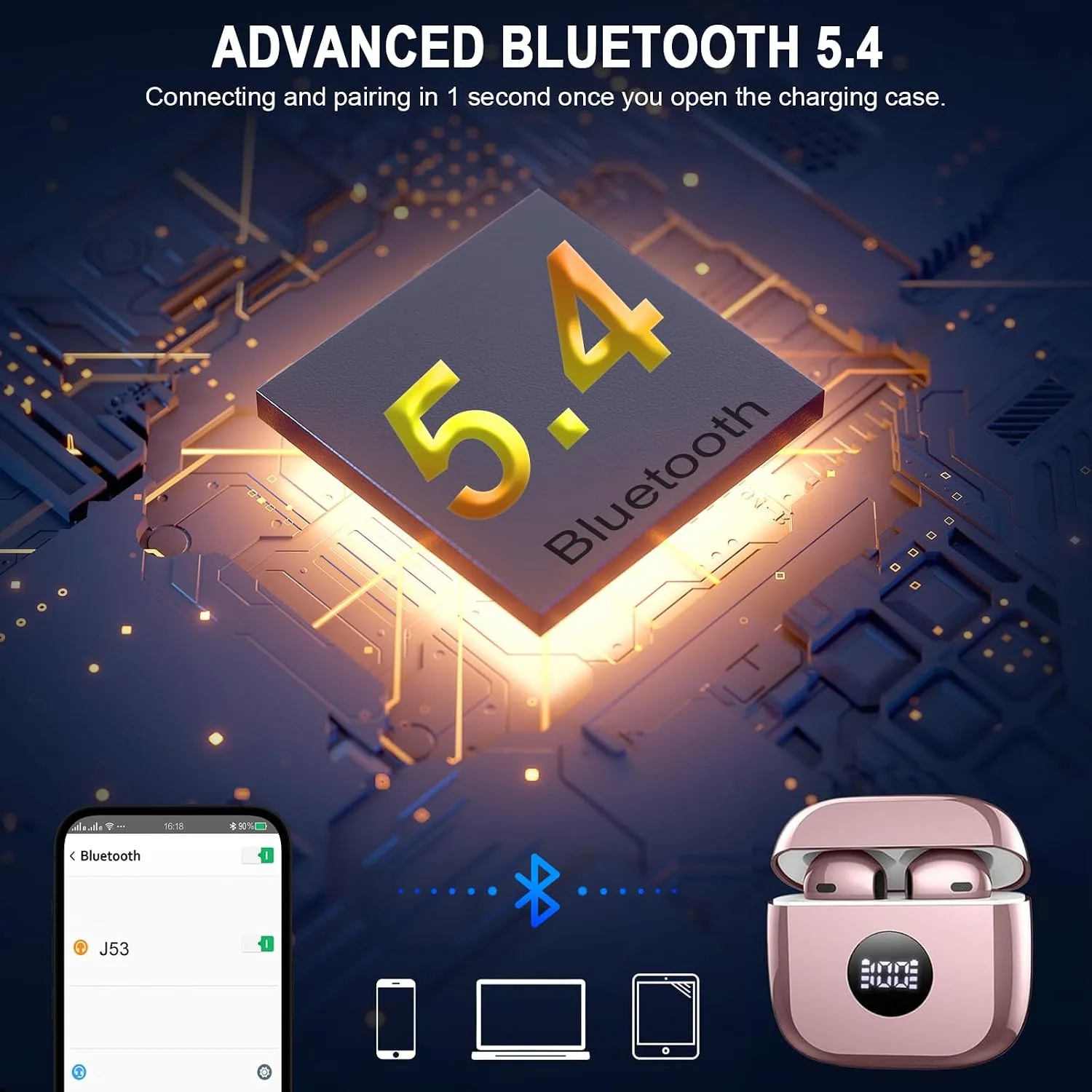 Wireless Earbuds, Bluetooth 5.4 Ear Buds, LED Power Display, 6D Bass Stereo