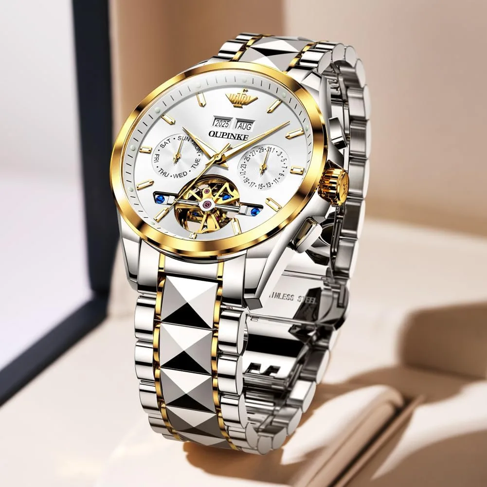 OLEVS Skeleton Men Watches Automatic Business Luxury Diamond Self Winding Watch for Men Stainless Steel Calendar Wrist Watch