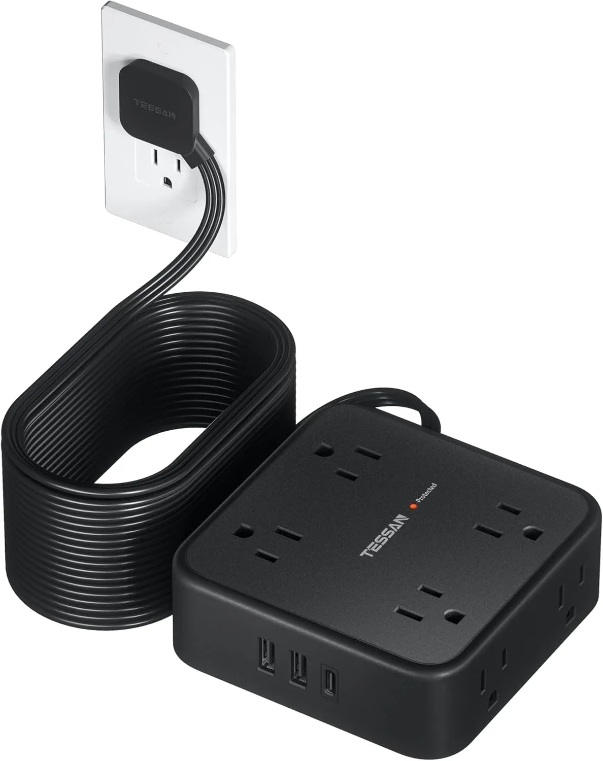 Regleta de protección TESSAN con 8 tomas, 3 puertos USB y cable de 25 pies, negro