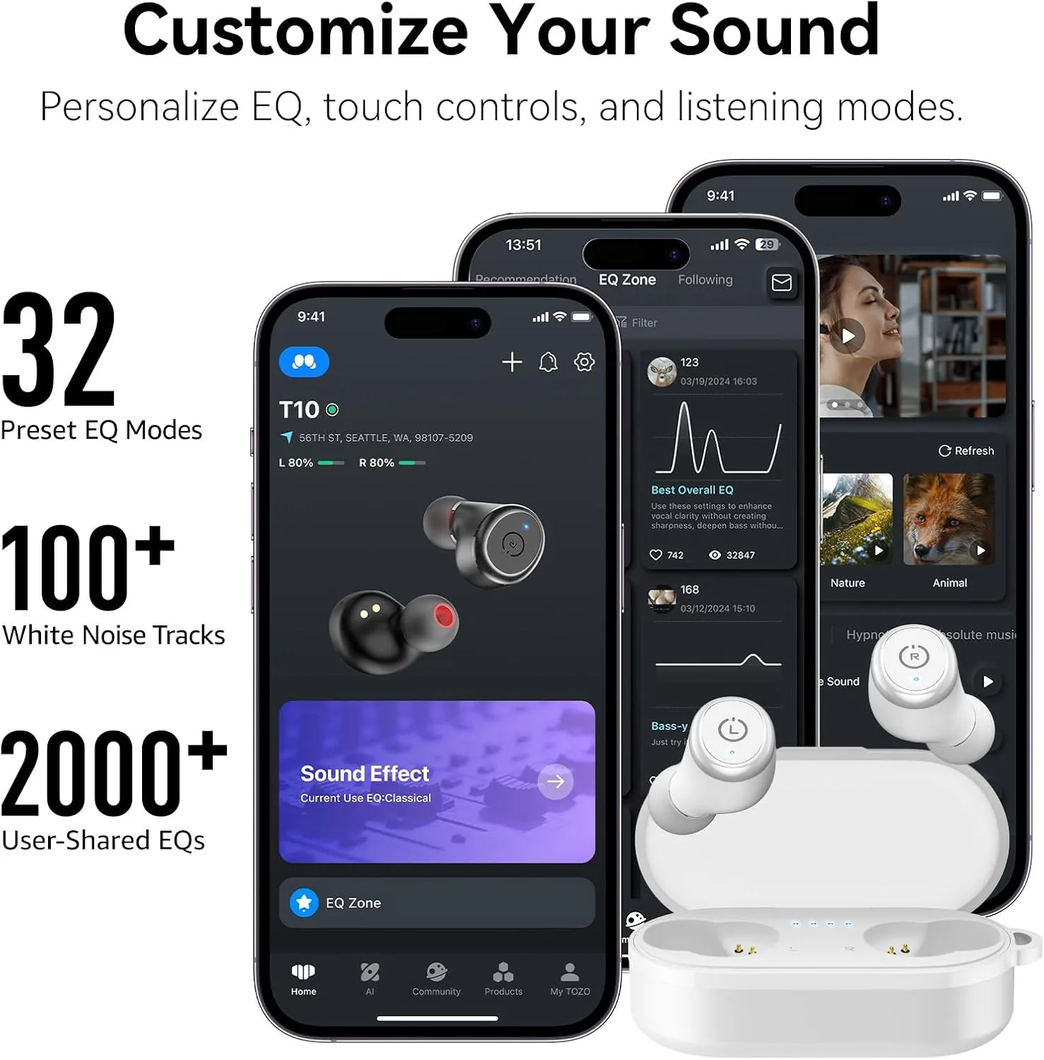 TOZO T10 Wireless Earbuds Powerful Bass Stereo Wireless Charging, APP, IPX8