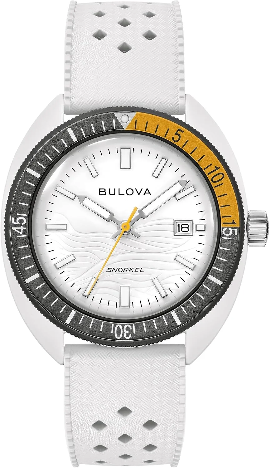 Bulova Oceanographer Snorkel Amazon Exclusive Ceramic Case and White Perforated Rubber Strap Watch, Day Date 100M WR