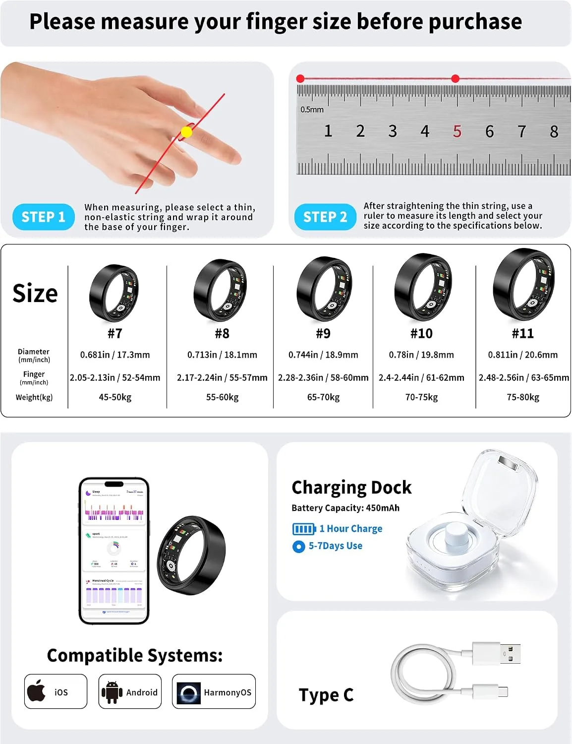 Smart Ring for Women Men Fitness Tracker Heart Rate Sleep Trends 128 Sports Modes Gesture Control Cycle Tracking IP68 Waterproof No Subscription Compatible with iPhone Android (Black, Size 9)