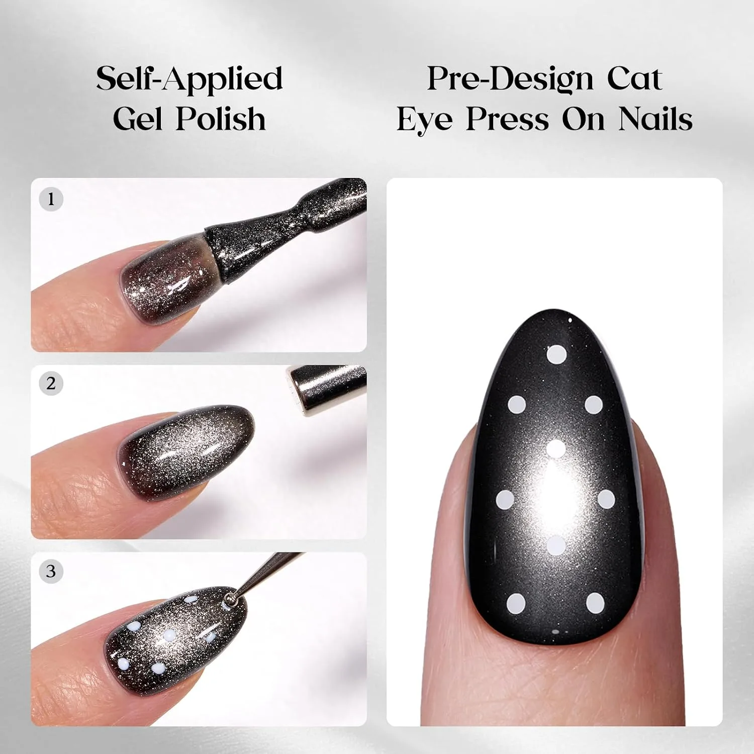 Beetles Halloween Press On Nails Short Almond, 32 PCS, Black Cat Eye