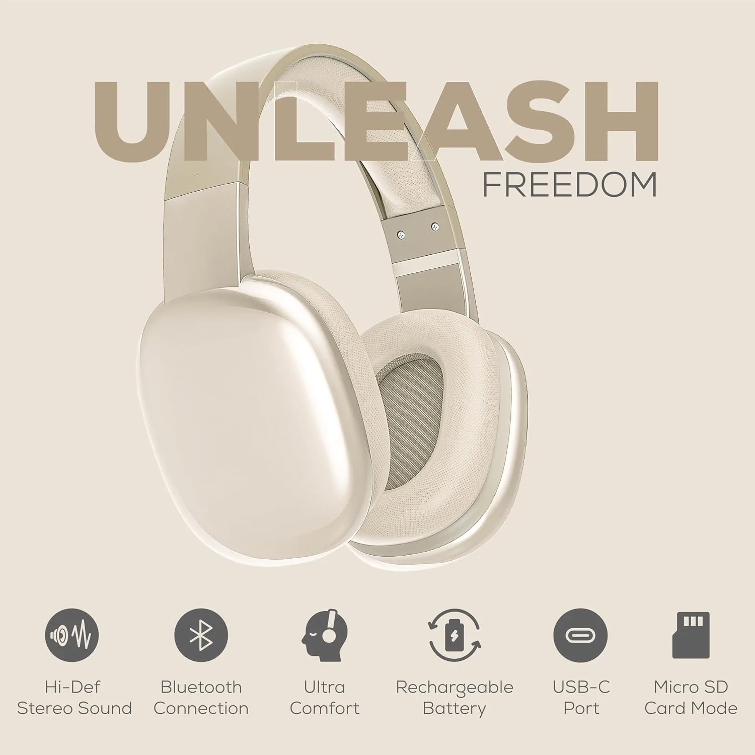 Gabba Goods Wireless Over Ear Bluetooth Headphones with Microphone - Wireless Headset -Noise Reduction - Bluetooth, Wired,Built in Micro SD for Travel, Home, Work TV,PC,Gaming,Cellphone (Beige)