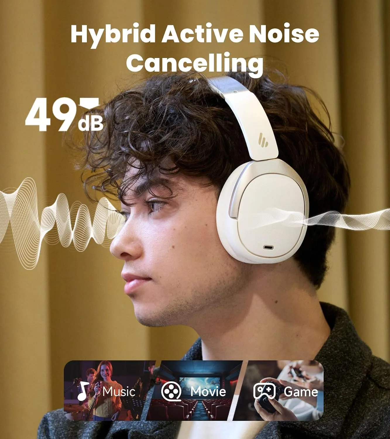 Edifier W80 Over Ear Headphones with -49dB Active Noise Cancelling, Ivory