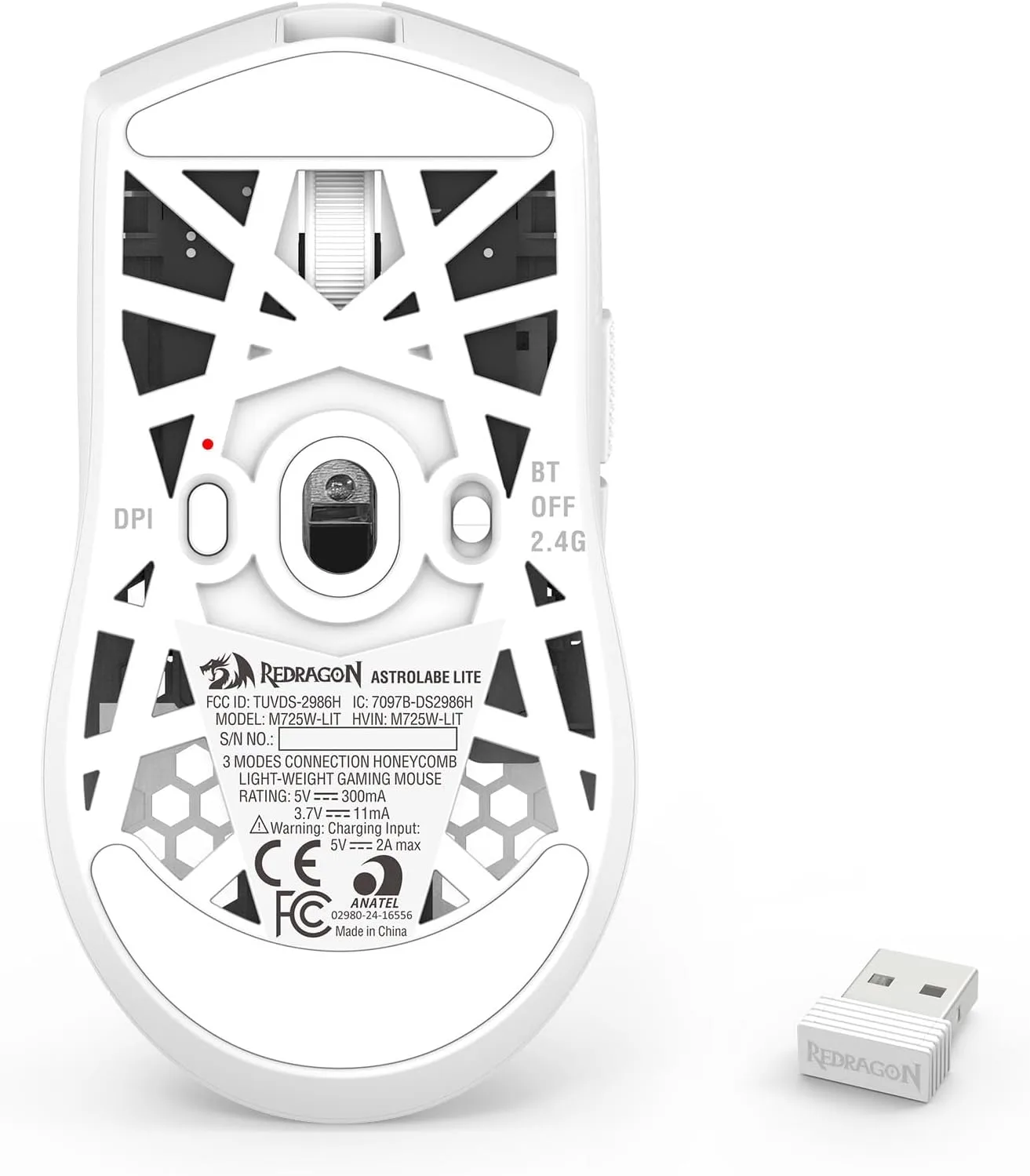 Redragon M725 Honeycomb Shell Gaming Mouse Wireless Lightweight 49g -White