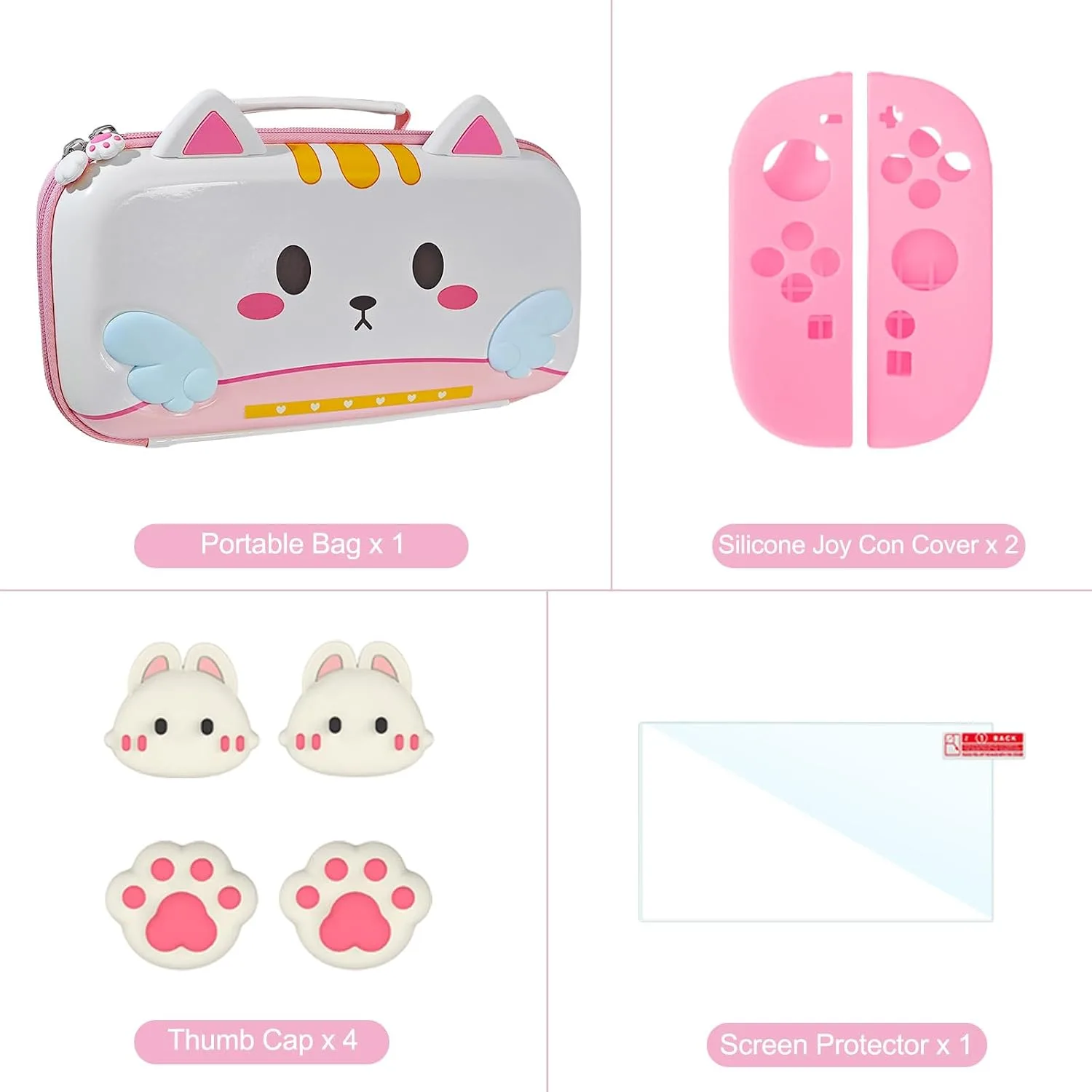 Carrying Case for Nintendo Switch 2, Cute Cat Design with Handle for Switch 2 2025 Travel Cases with Pink Silicone j-con Covers, Kawaii Thumb Grip Caps, Screen Protector for Girls Women Teens