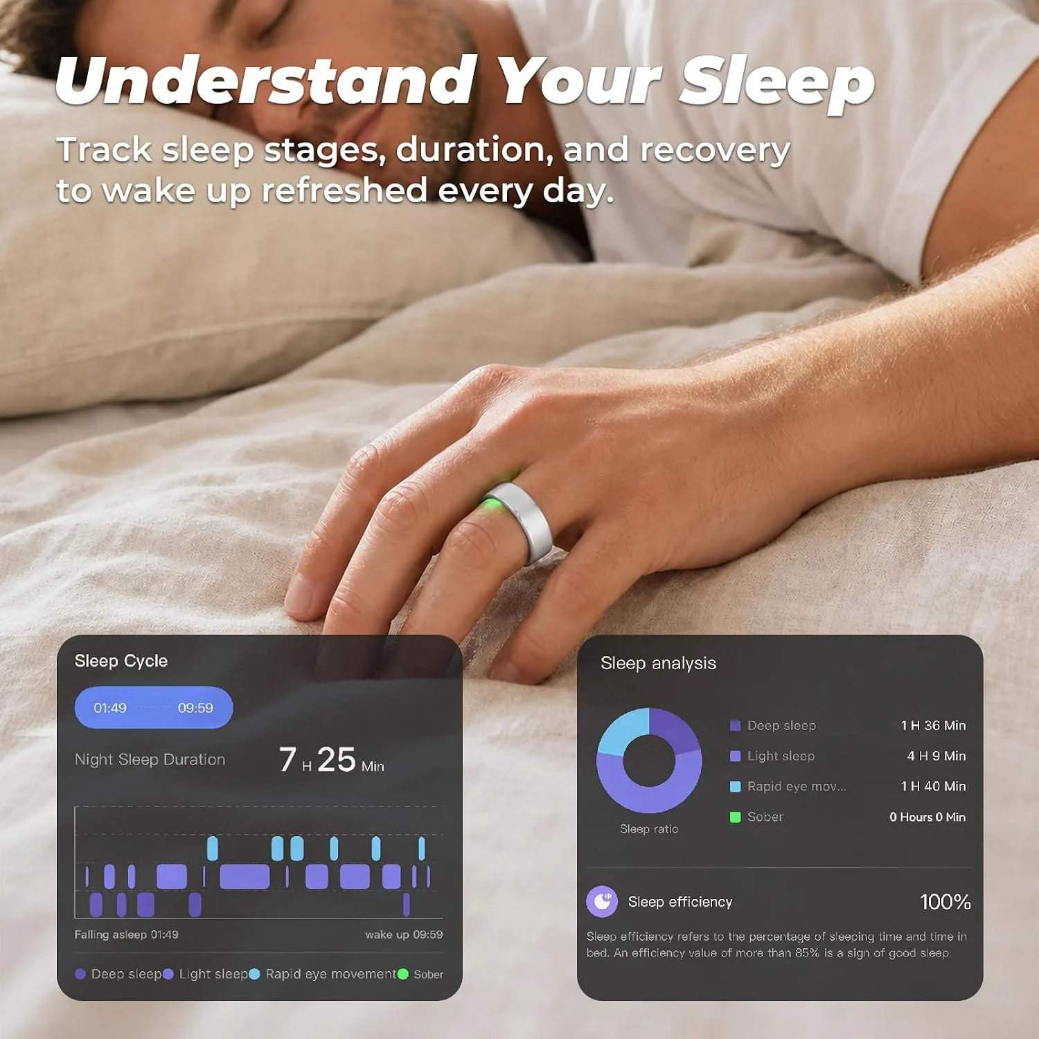 Smart Ring for Women Men, Sleep Tracker, 12 Sports Modes, Size 9 Silver