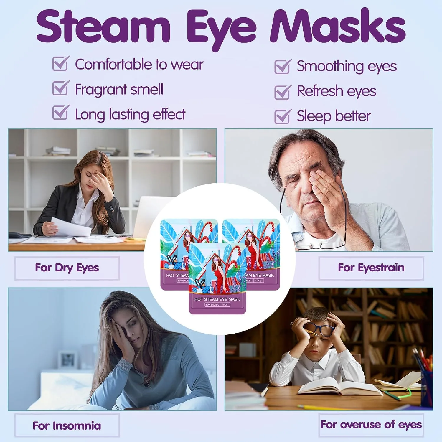 60 Pcs Self Heating Steam Eye Masks Disposable Heated Mask Bulk Individually Wrapped Warm Compress for Dry Eyes, Sleep, Travel, Spa and Relaxation (Multi Scent)