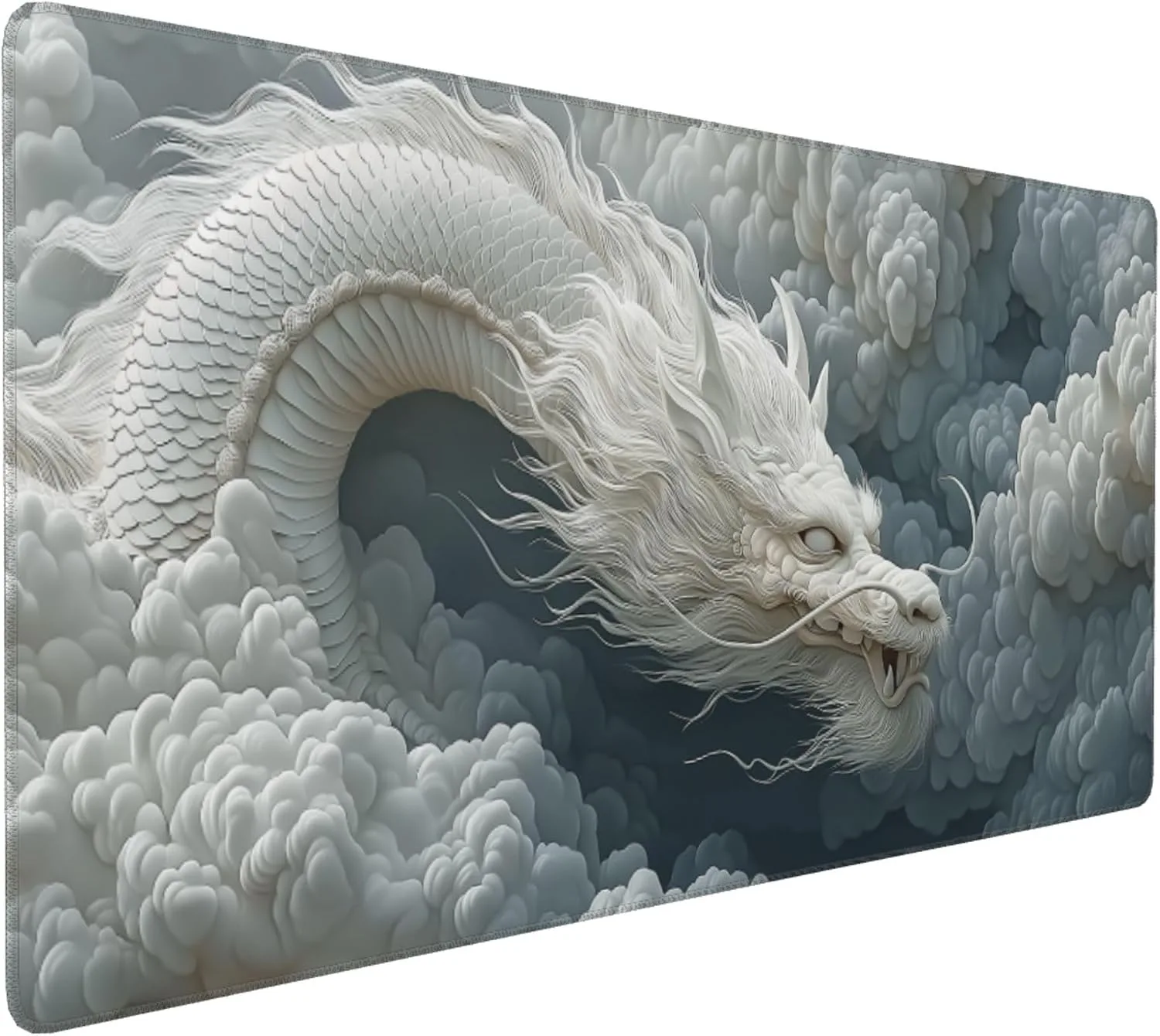Large Chinese Dragon Mouse Pad, Non-Slip Natural Rubber Desk Mat with Stitched Edges, White and Gray, 35.4 x 15.7 Inches, Gaming