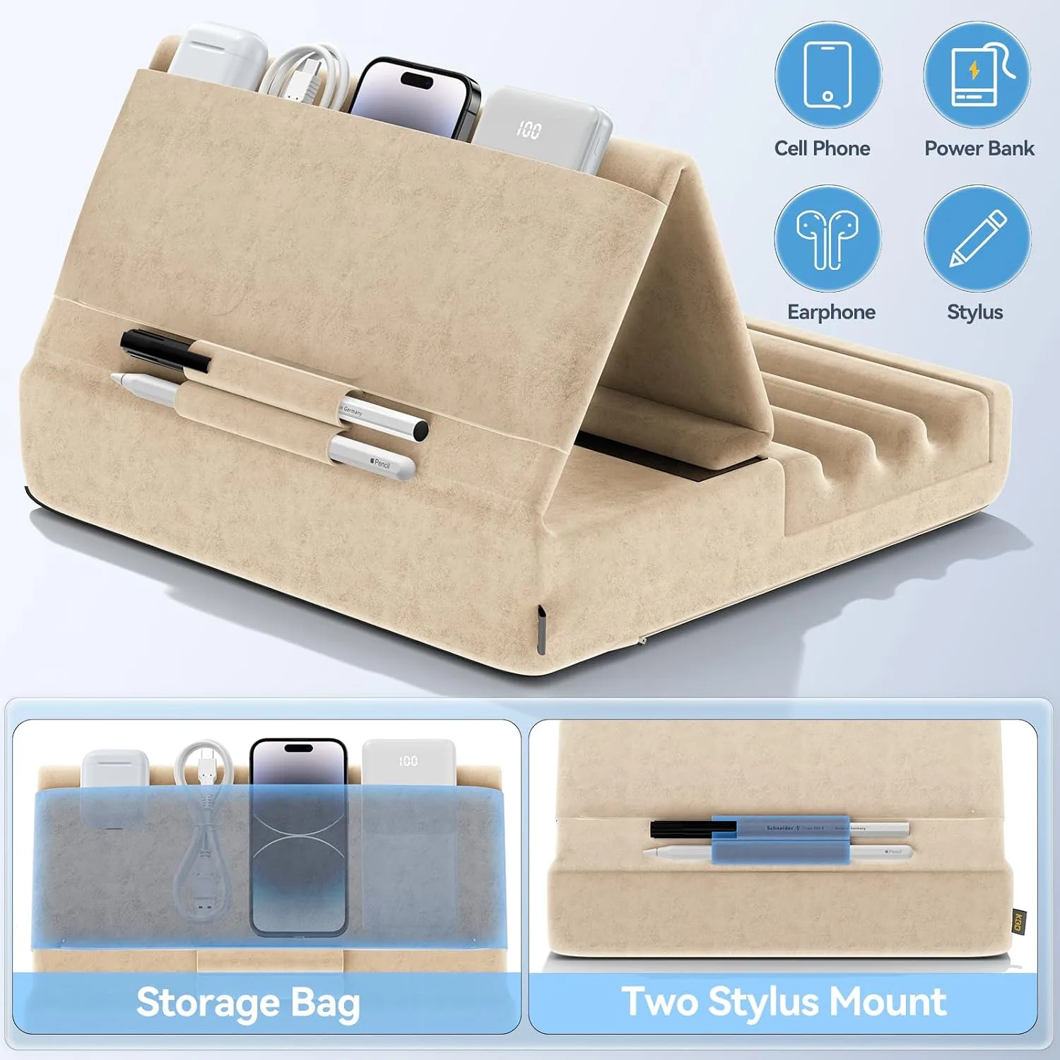 KDD Tablet Pillow Holder, Foldable iPad Stand for Lap, Bed and Desk -Tablet Soft Pad Dock with Pocket & Stylus Mount Compatible with iPad Pro 12.9, 10.5, 9.7 Air Mini 6 5 4 3, Galaxy Tab, E-Reader