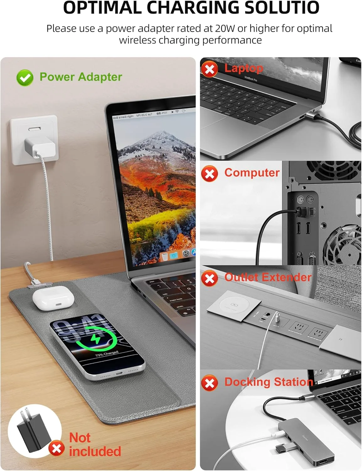 Mouse Pad with 15W Wireless Charging, XXL Large Leather Desk Mat, Gray