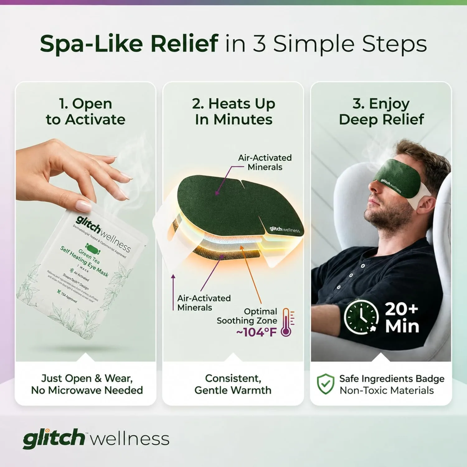 Glitch Self-Heating Steam Eye Mask - Dry Eyes & Stress Relief, Warm Moist