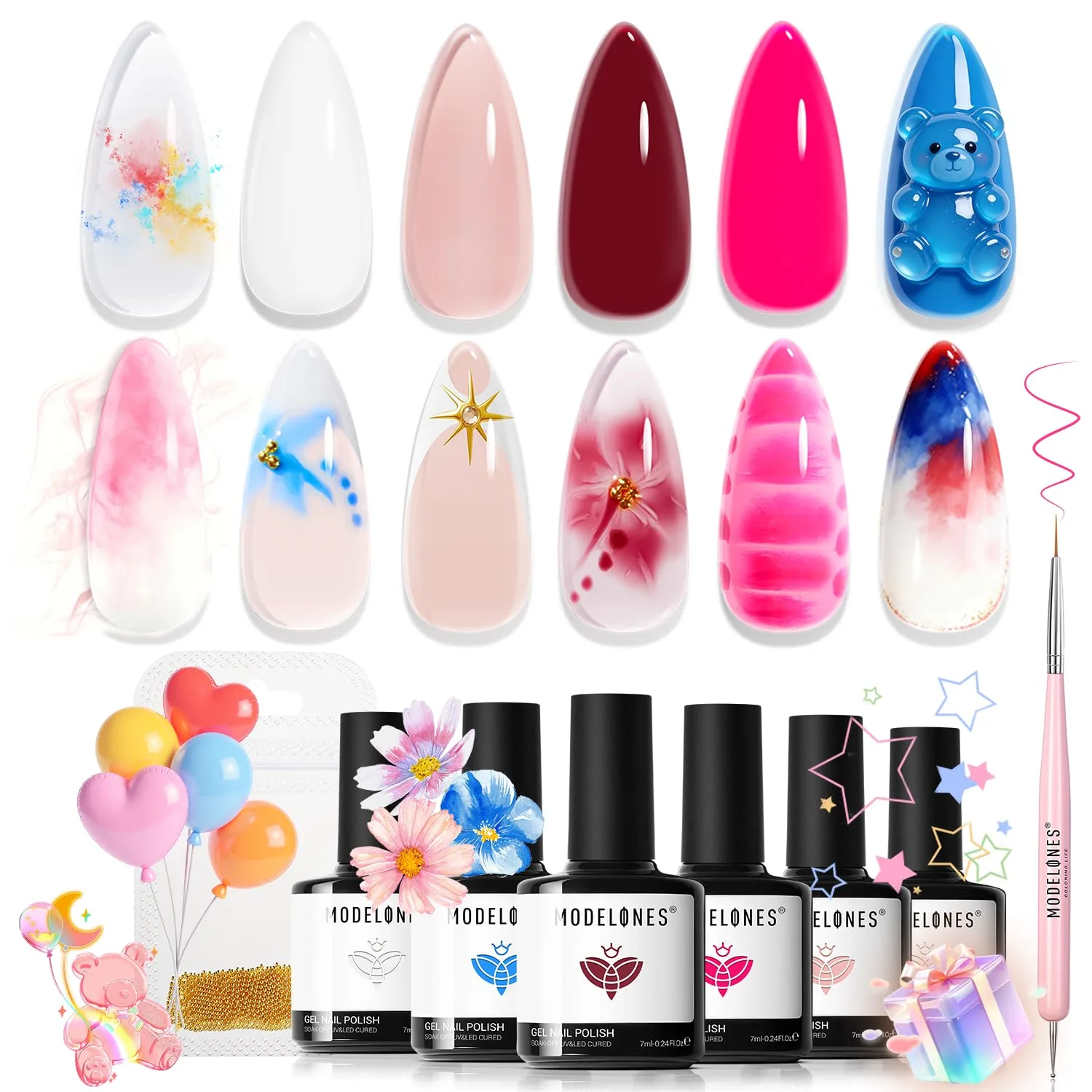 modelones Gel Nail Polish Set 6Colors Jelly Nude Burgundy Hot Pink Blue