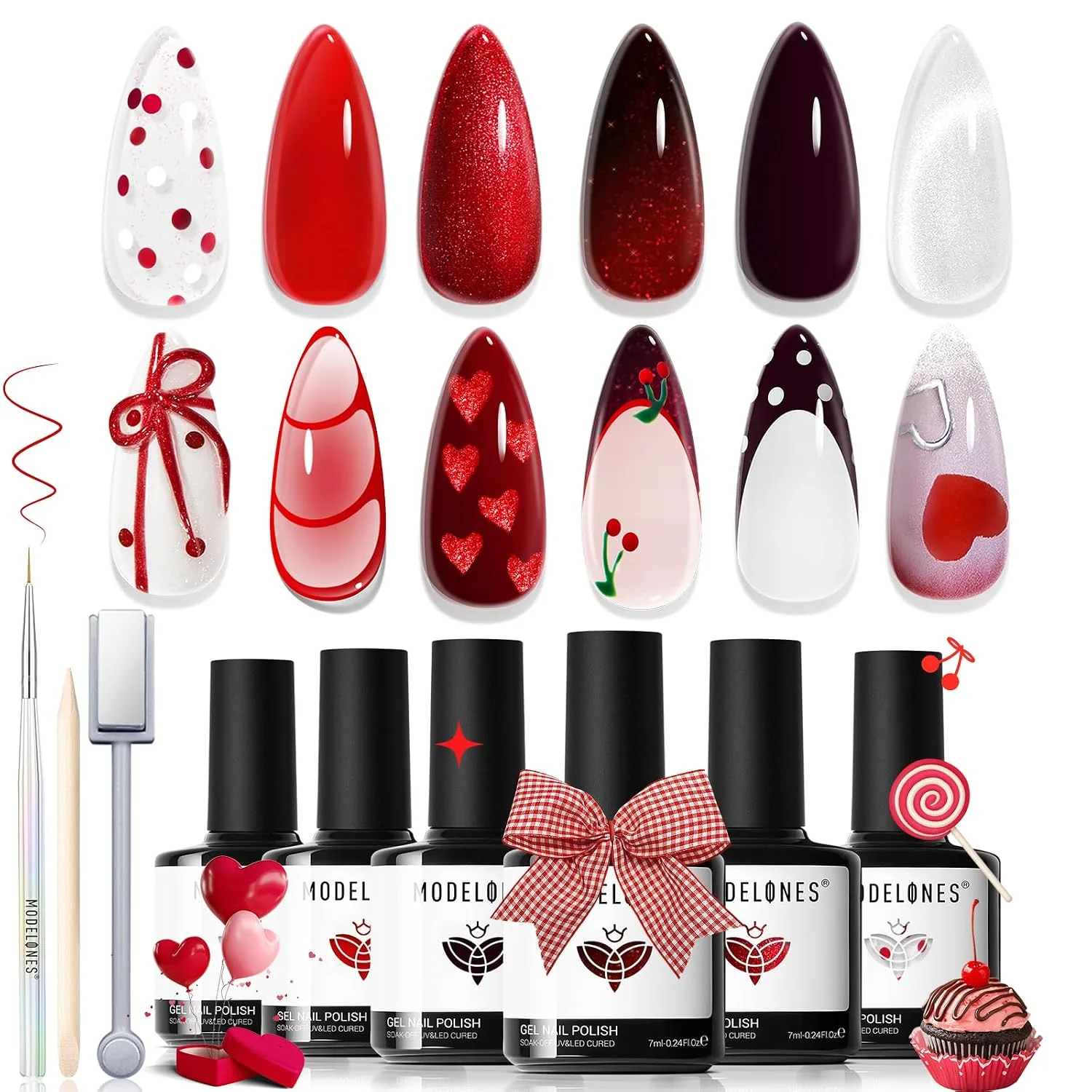 modelones Cat Eye Gel Nail Polish Set Jelly Glitter 6Colors Burgundy Red