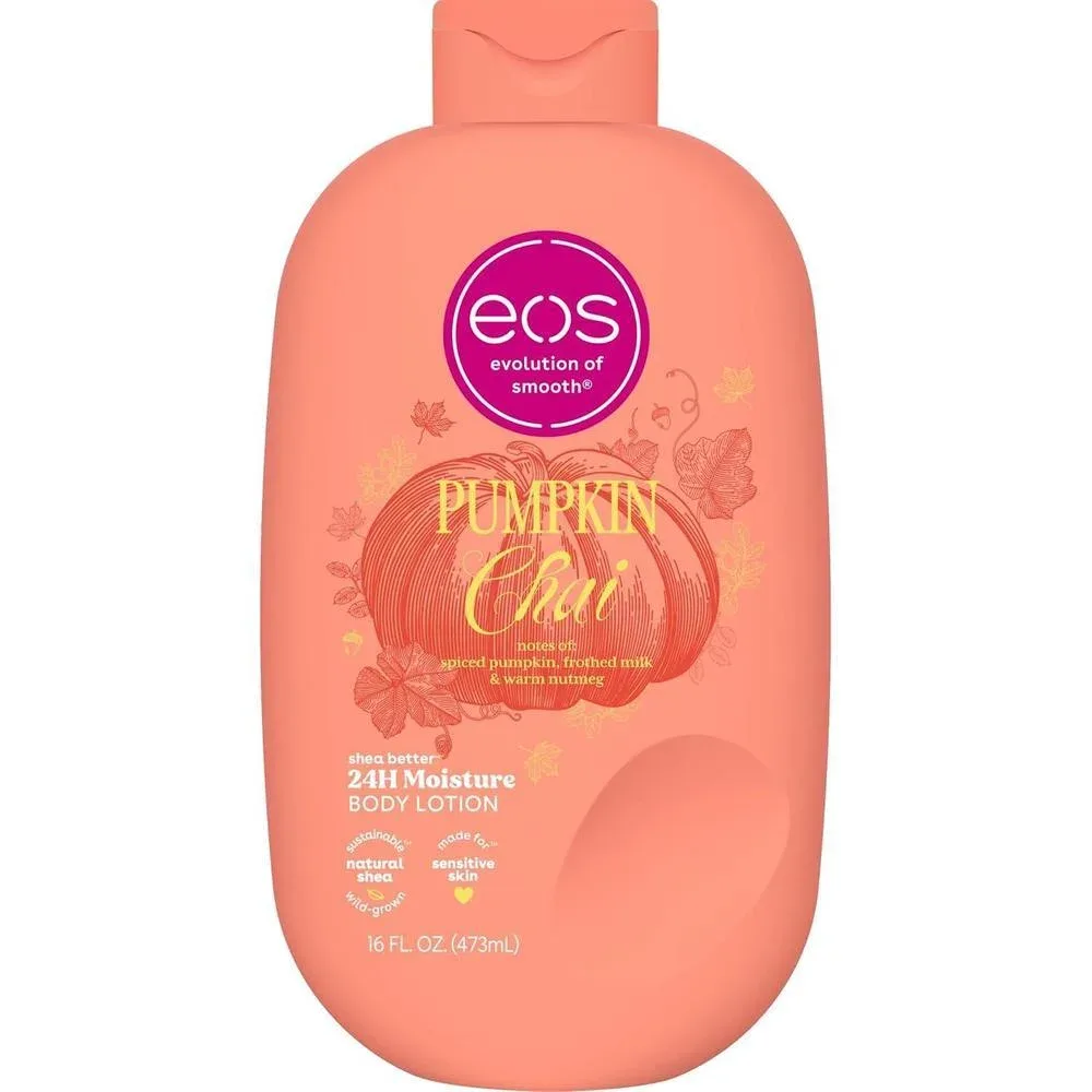 eos Pumpkin Chai Shea Better Body Lotion con manteca de karité, hidratación 24H, aroma calabaza chai