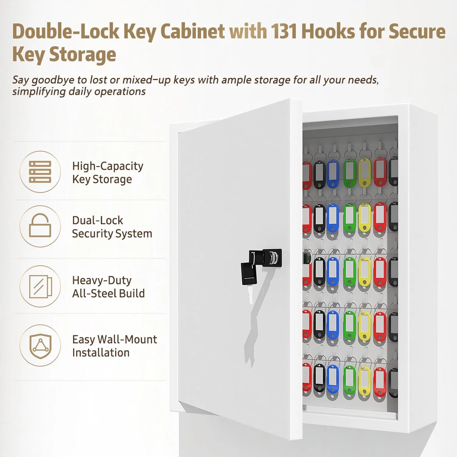 Key Cabinet Lock Box with 131-Keys: Steel Wall Mount Key Box Organizer - Large Storage and Secure Combination Lock Boxes for Home Office Business - White