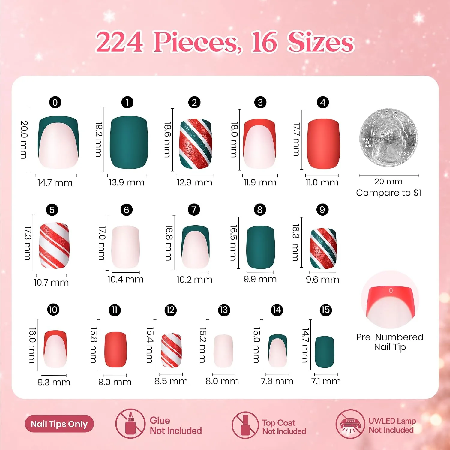 Beetles Christmas Press On Nail Tips, 224 Short Squoval, 16 Sizes