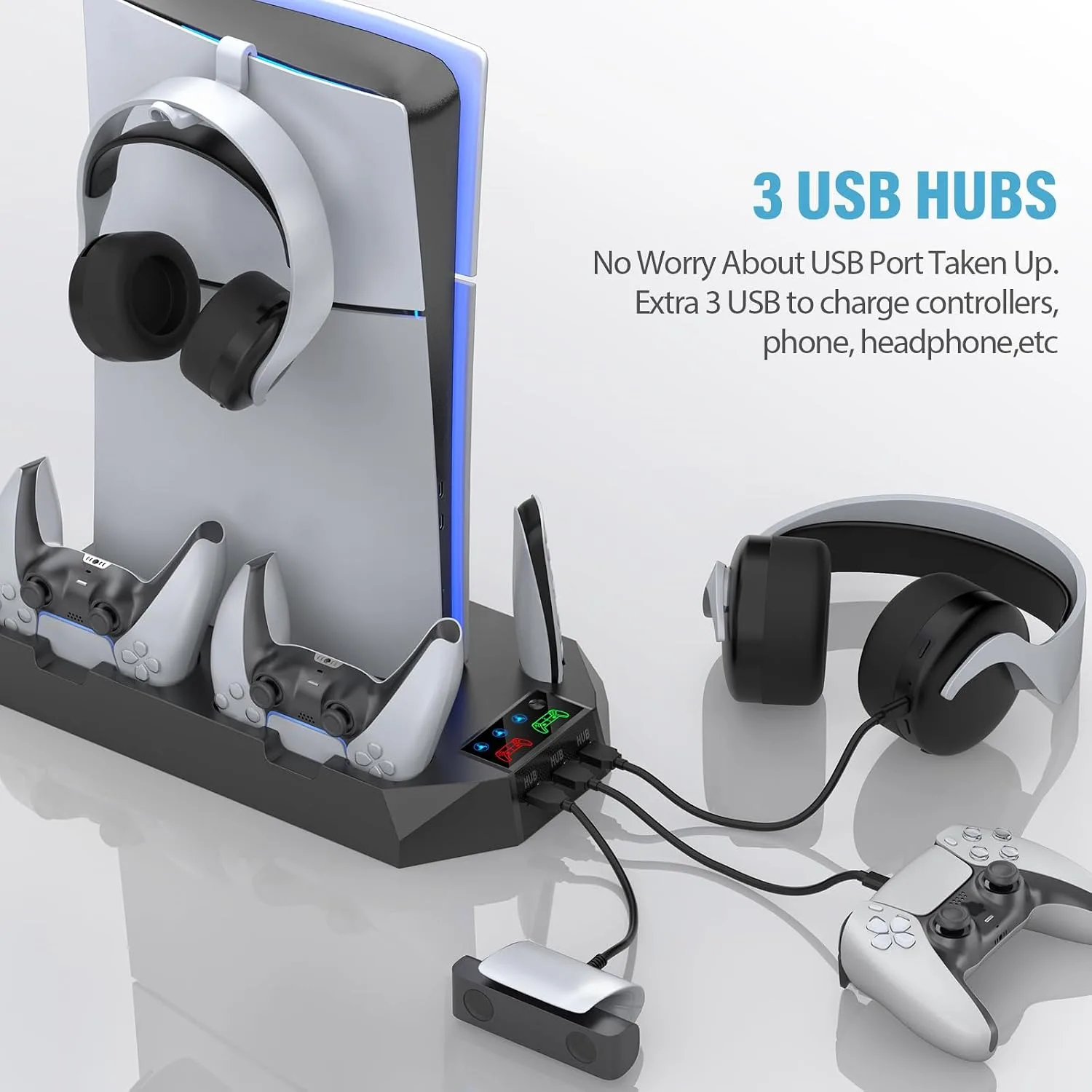 PS5 Slim Stand and Cooling Station with Controller Charging Station for Playsation 5 Slim&Standard Disc/Digital Console, PS5 Accessories Incl. Charger/Turbo Fan/3 USB Hub/Headset Holder - Black